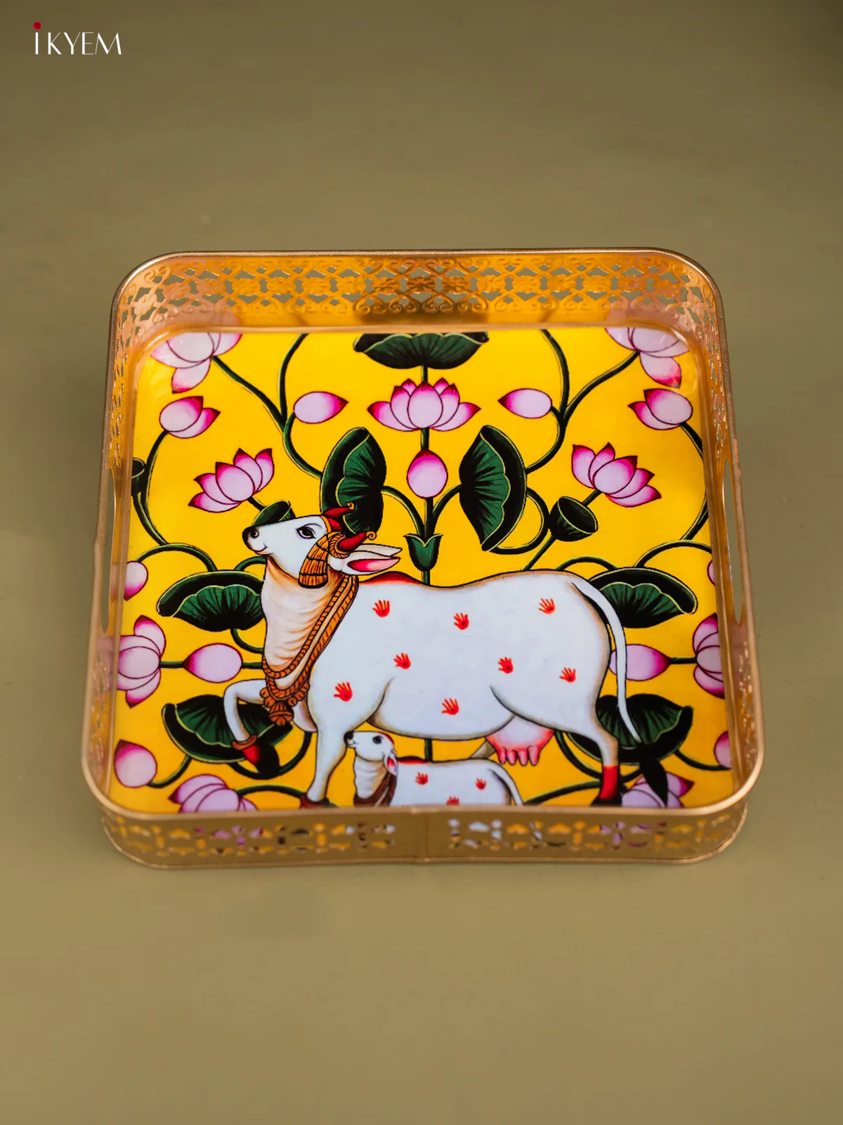 Pichwai Cow & Calf Printed Yellow Metal Tray - KF25112 - Image 4