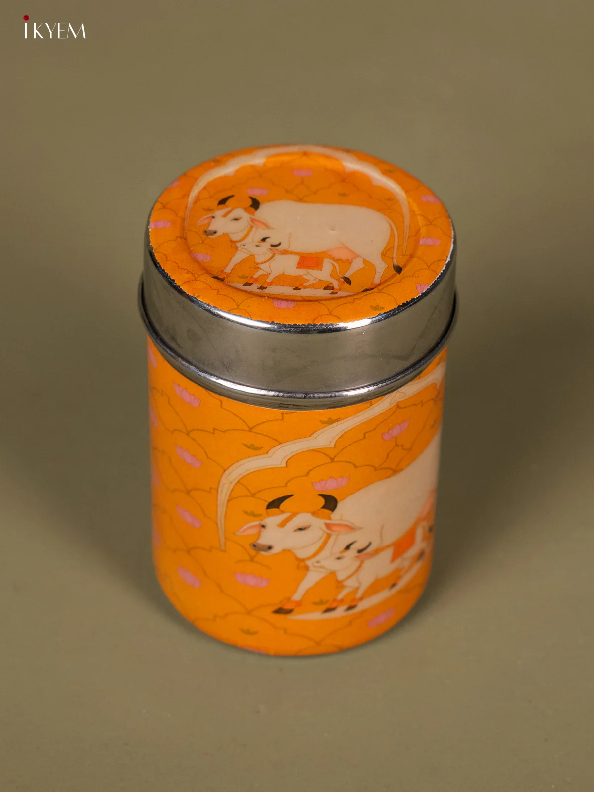 Yellow Stainless Steel Box With Pichwai Cow & Calf Print - KH12115