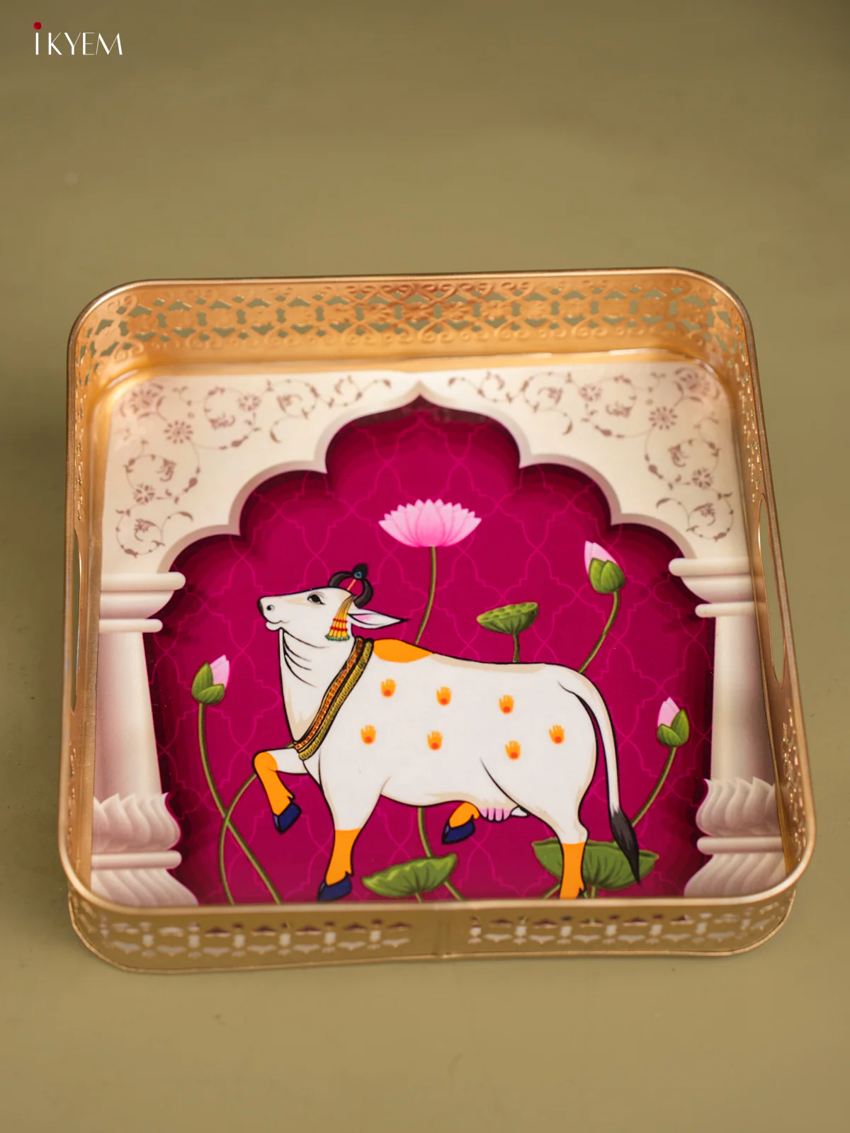 Pichwai Cow Printed Purple Colour Square Metal Tray - KF25116 - Image 4