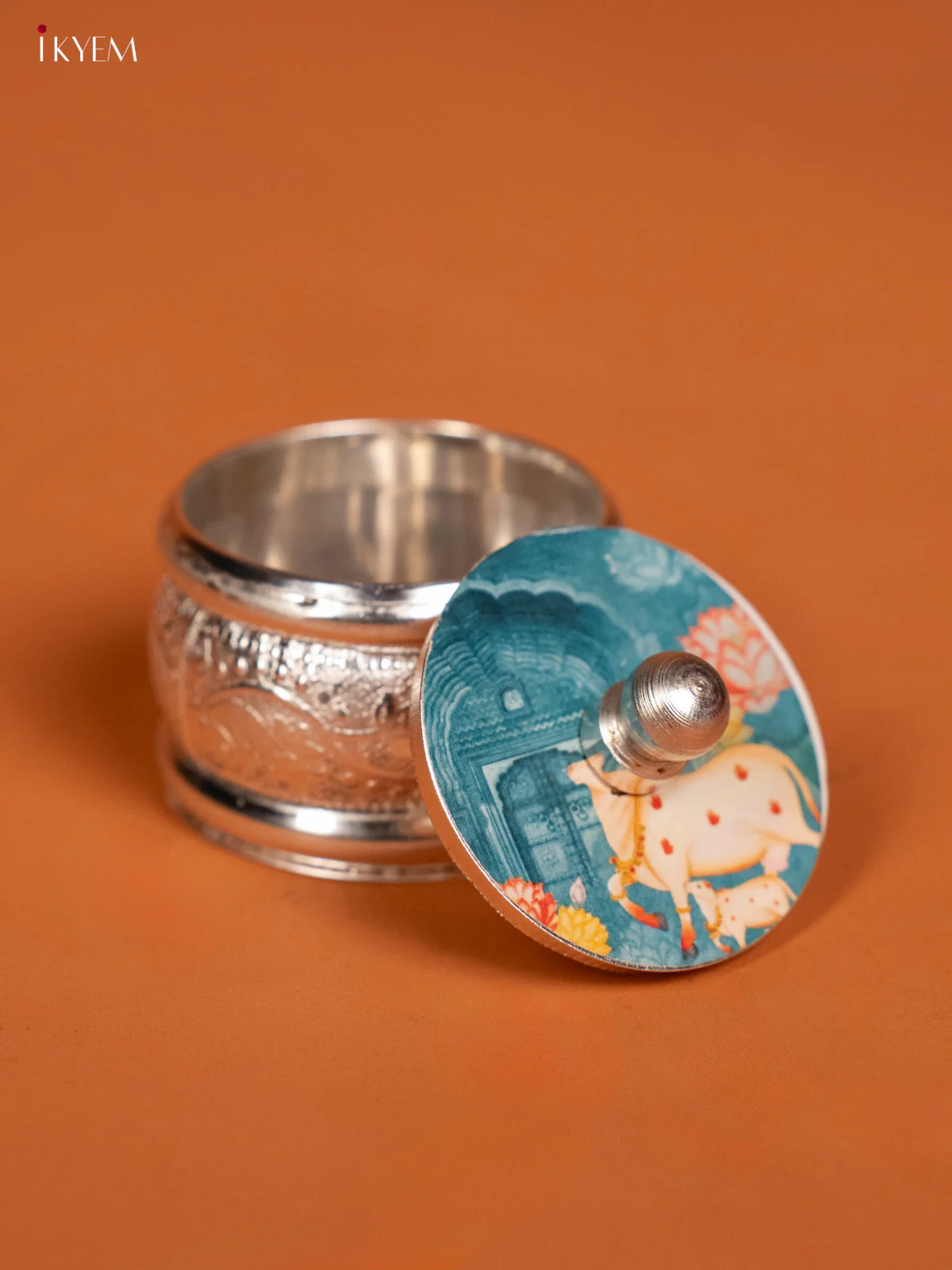 Cow & Calf Pichwai Printed German Silver Kumkum Holder  - KF10233 - Image 3