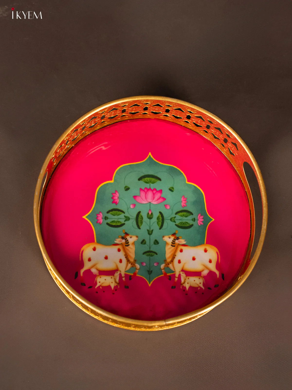 Pink & Teal Decorative Round Tray with Cow & Calf Digital Print - KH22125 - Image 3