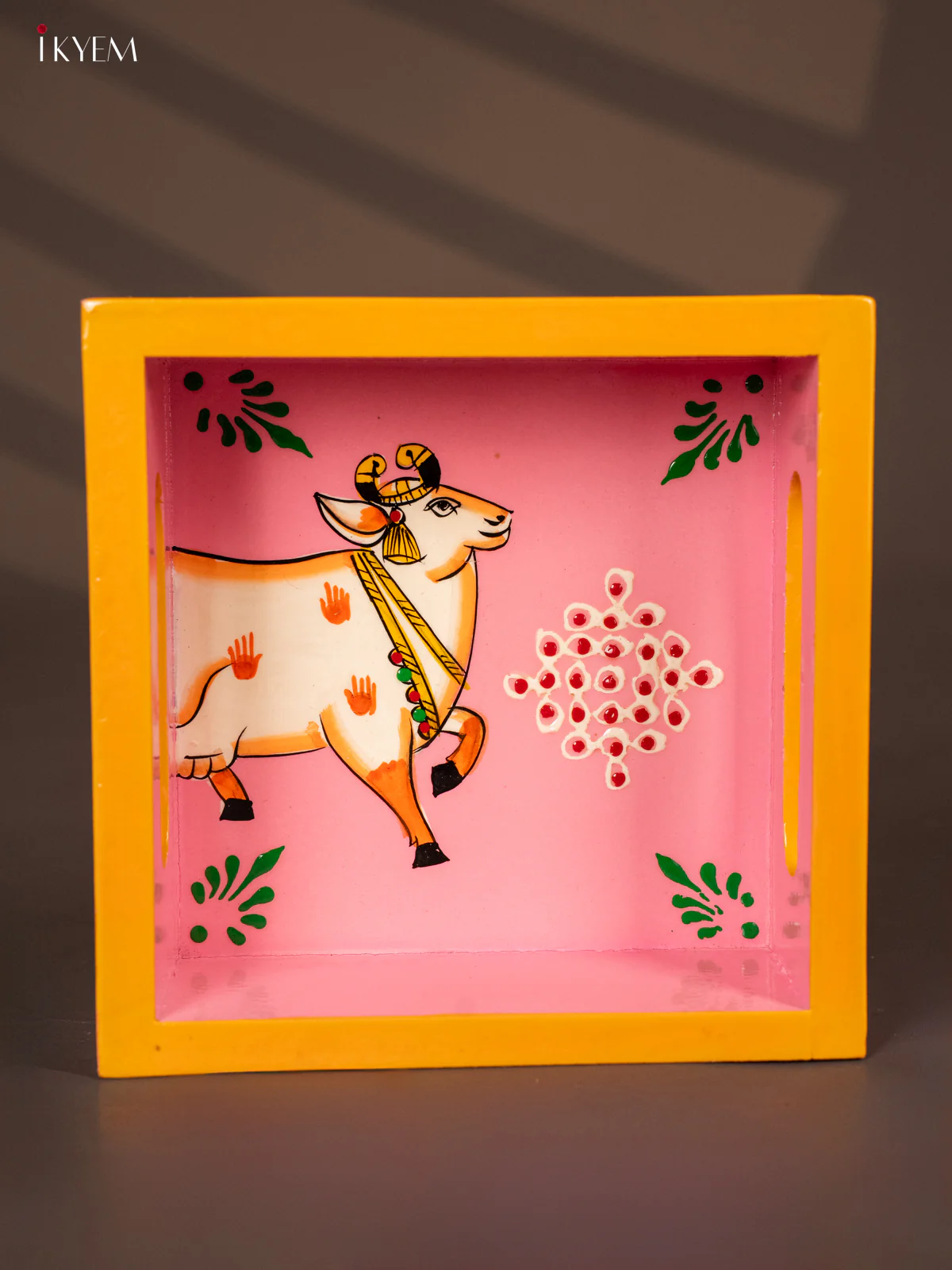 Graceful Pichwai Cow Hand painted Wooden Tray - (6x6) Inch - KG28132