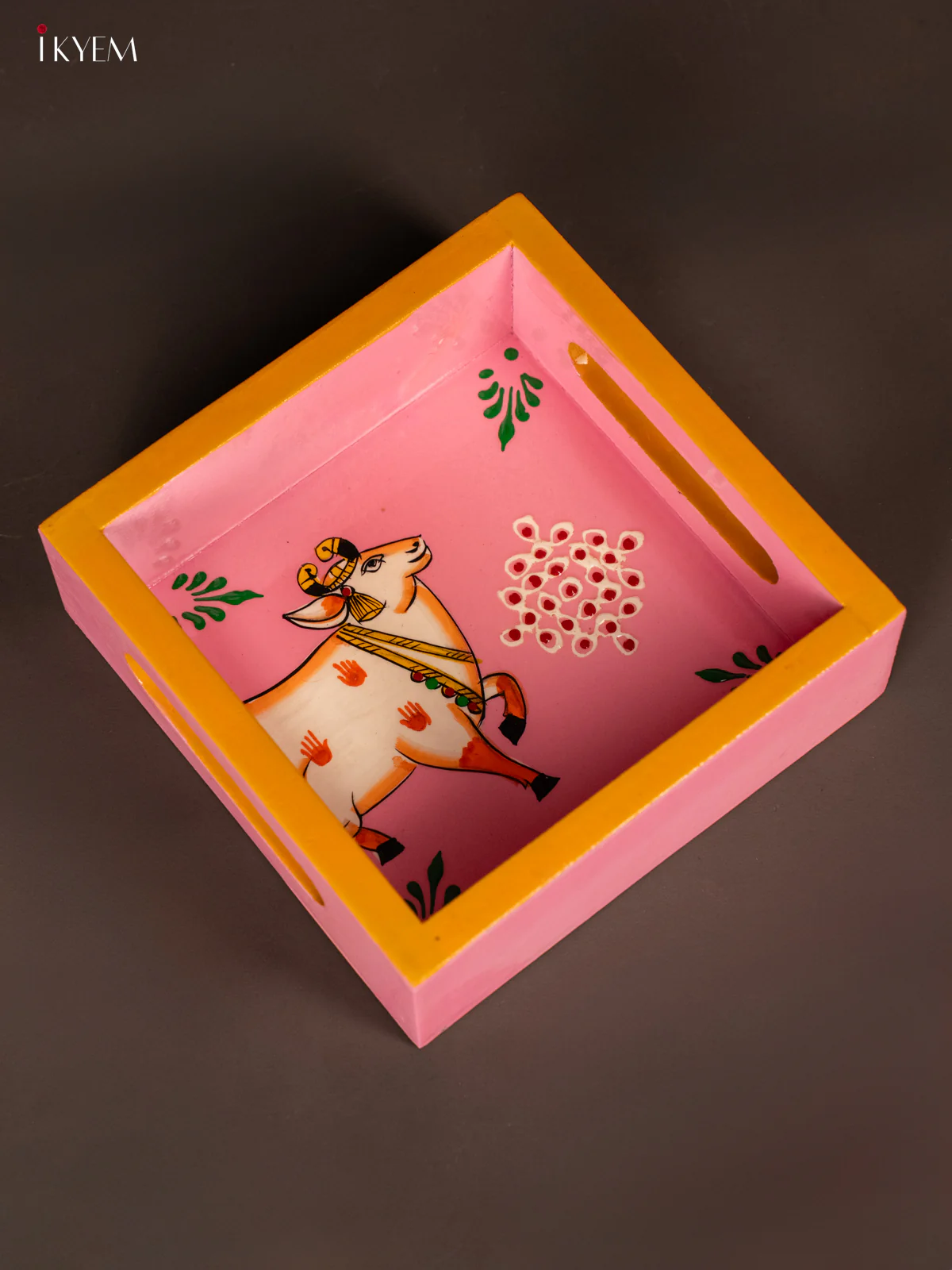 Graceful Pichwai Cow Hand painted Wooden Tray - (6x6) Inch - KG28132 - Image 5