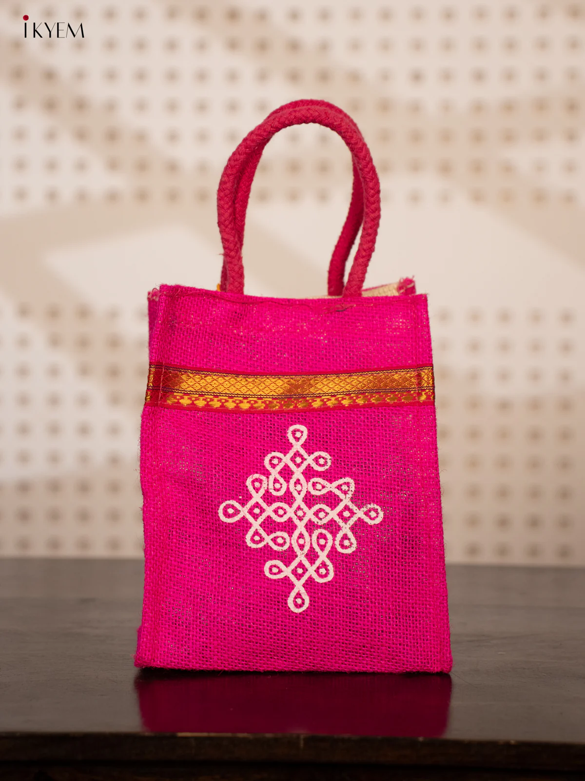 Pink Jute Bags for Return Gifts with Kolam Prints and Zari Accents - KE21115