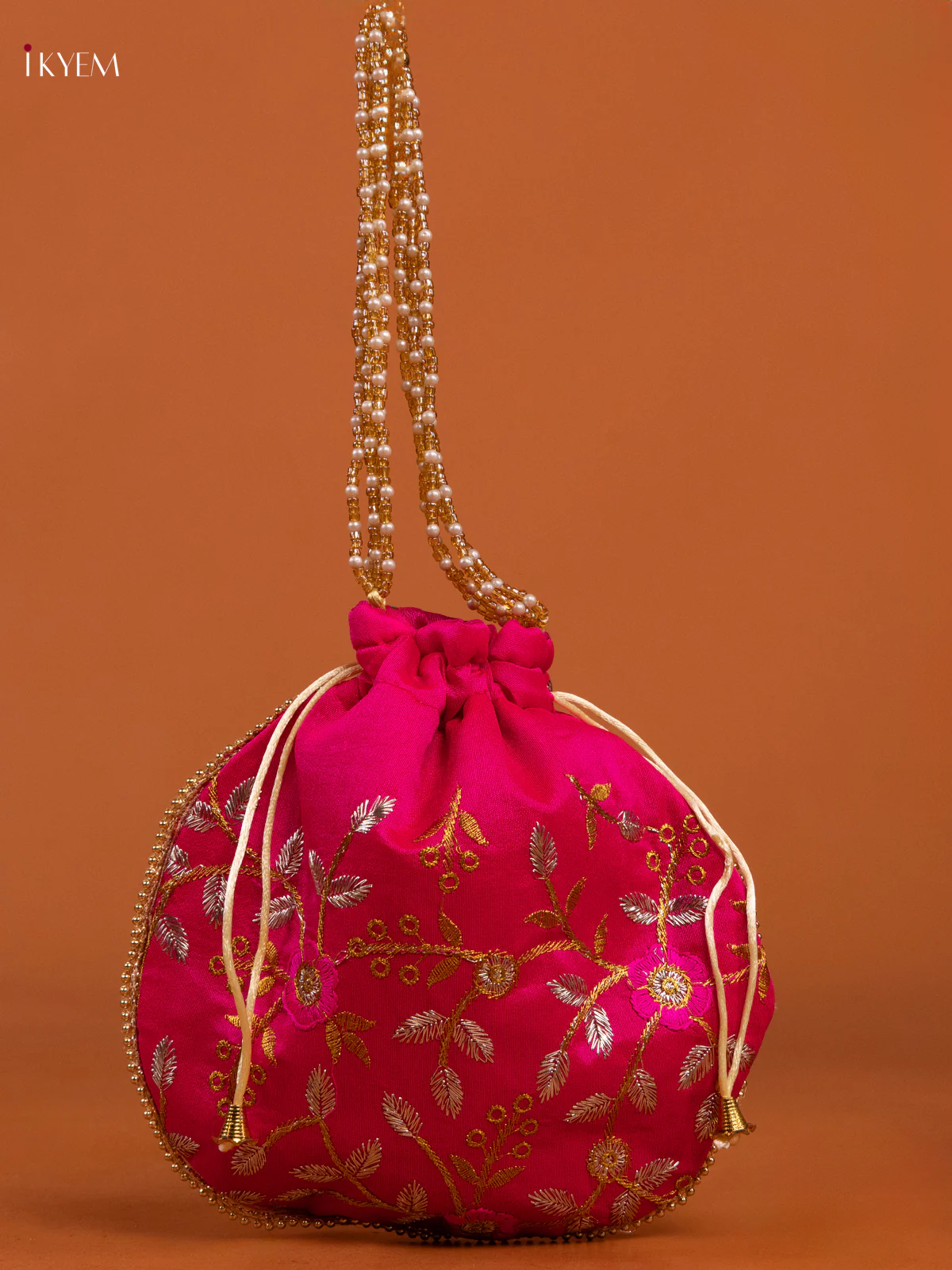 Chic Pink Potli Bag With Embroidered Floral Design & Gold Zari - KD26508