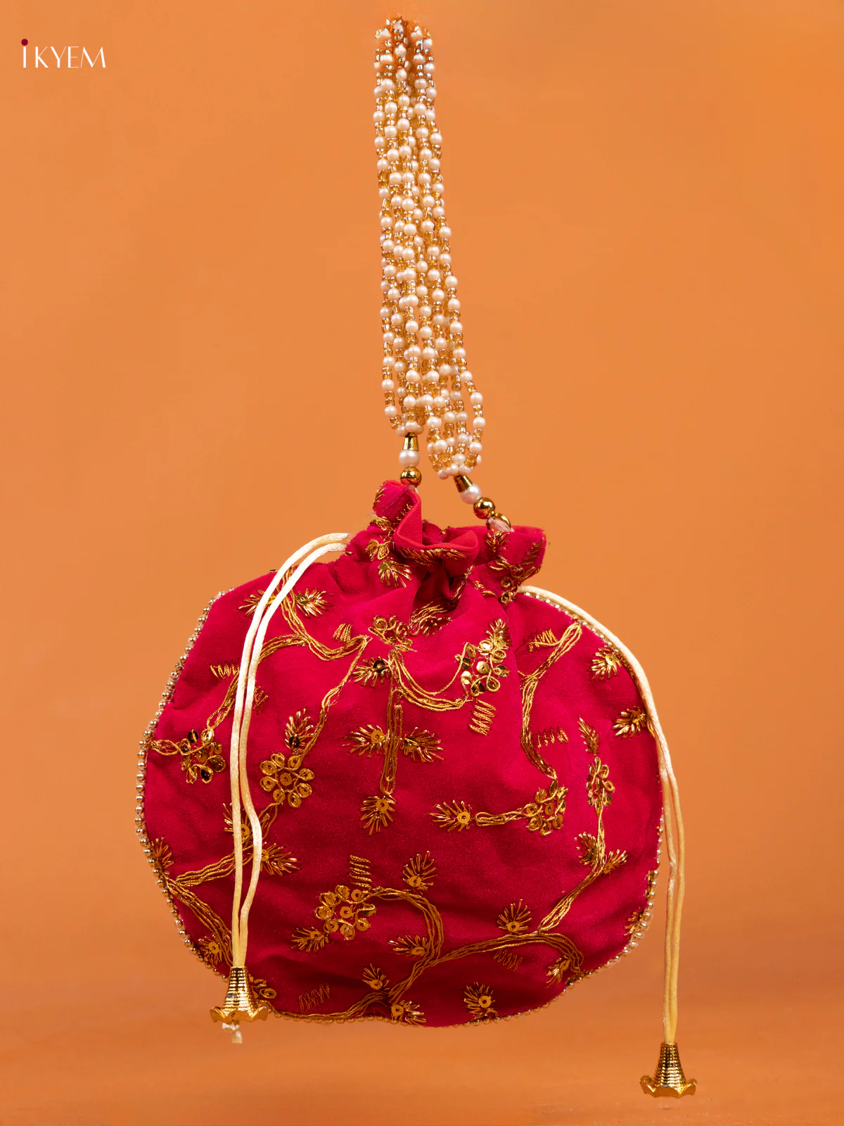 Pink Potli Bag With Embroidered Floral Design & Gold Zari - KD26534