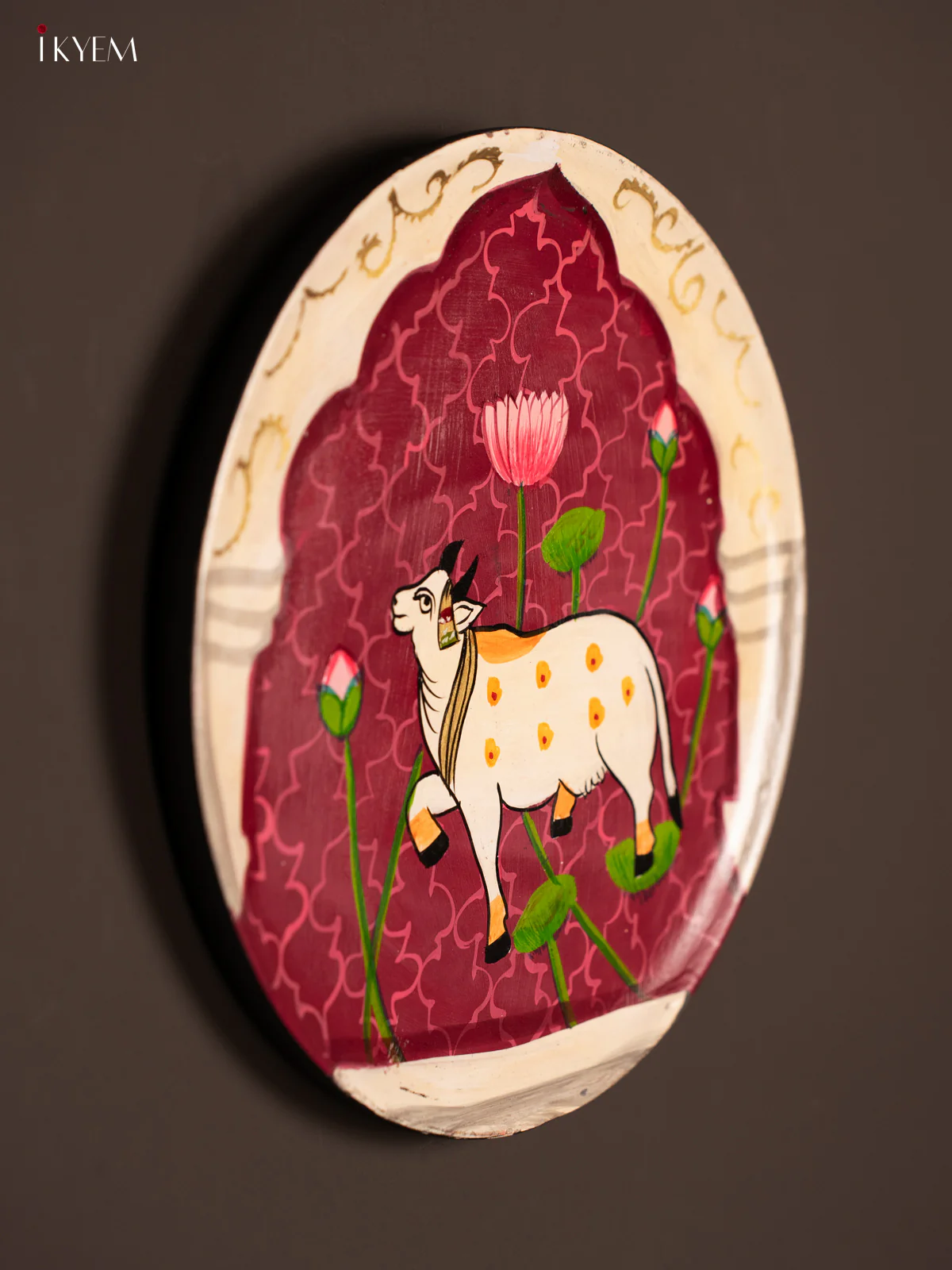Artistic Pichwai Cow on Purple Hand-Painted Wooden Wall Plate - KG04177 - Image 2