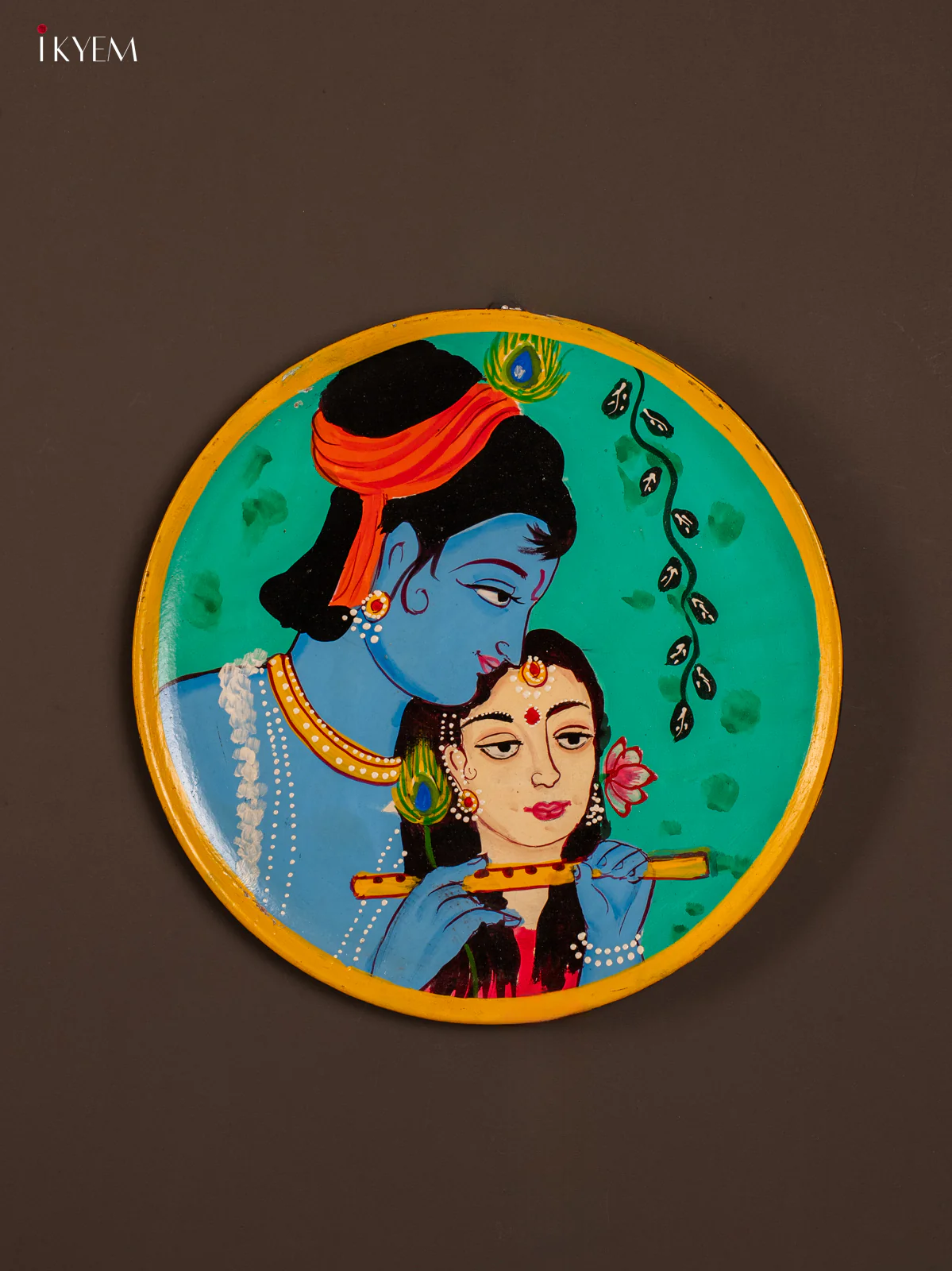 Hand-Painted Wooden Radha Krishna Wall Plate - 10 Inches - KE31142