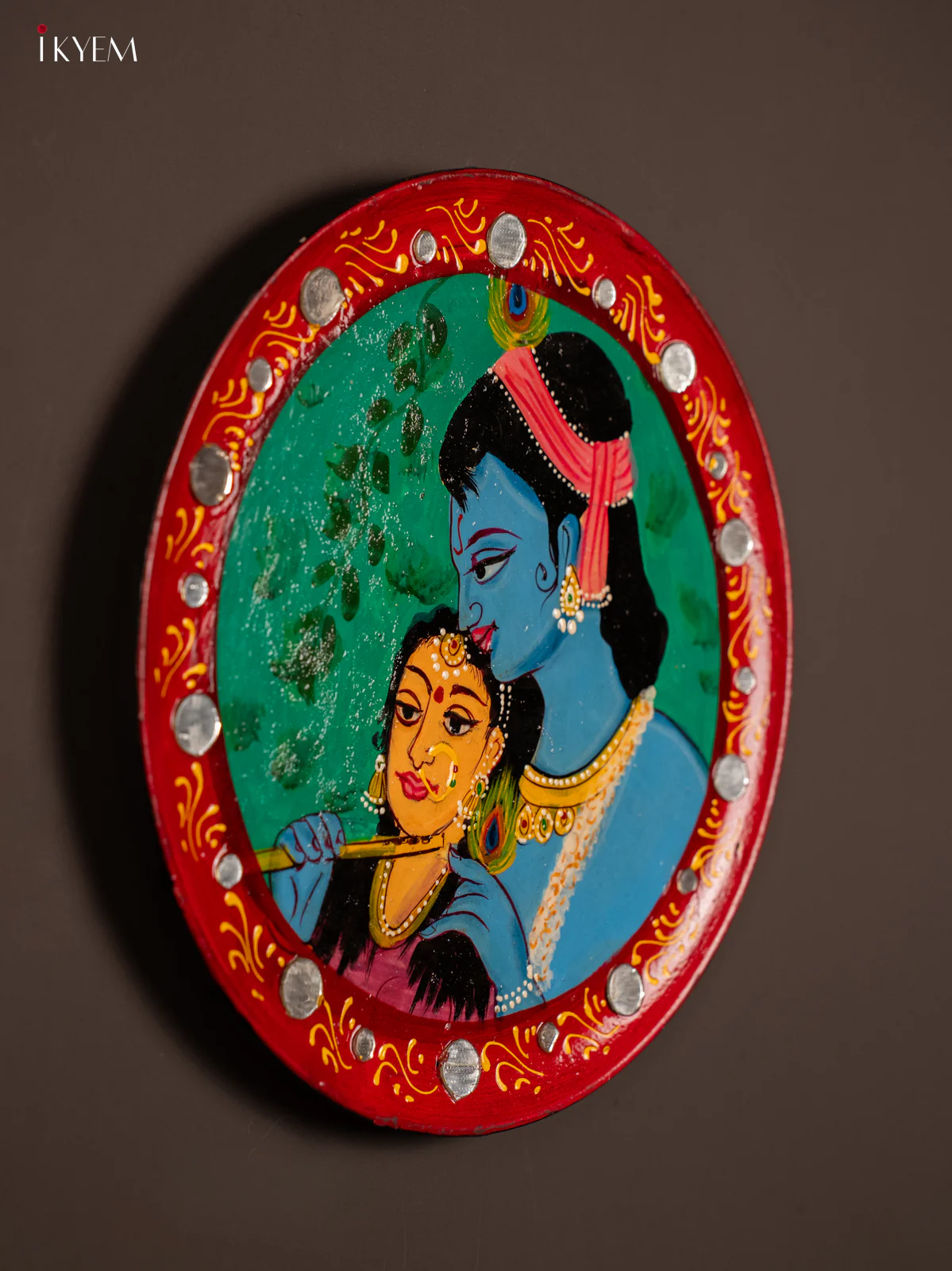 Beautiful Radha & Krishna Hand painted Wooden Wall Plate - KE31145 - Image 2