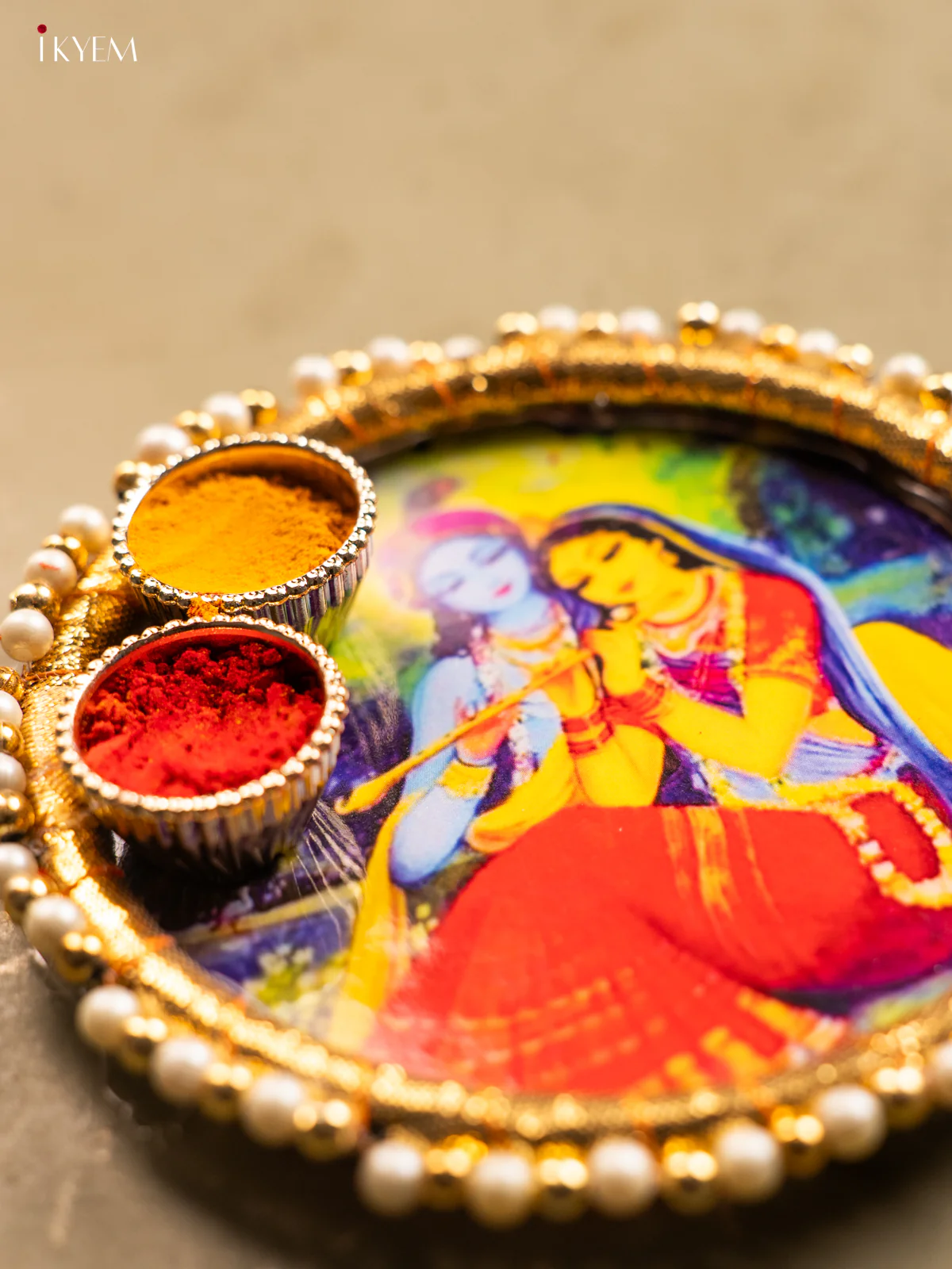 Radha krishna Printed Plate With Haldi kumkum holder - KG31117 - Image 3
