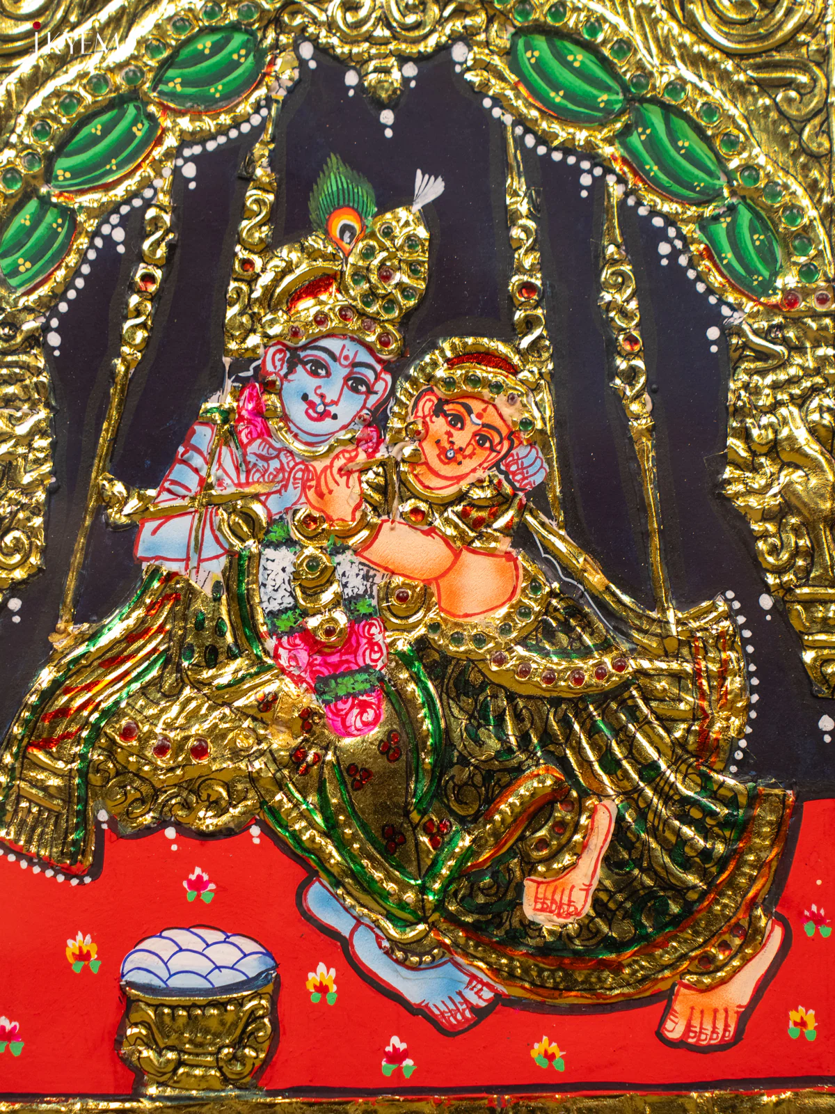 Artistic Radha Krishna Sitting On a Swing Tanjore Painting (13x11 Inches) - KB01149 - Image 3