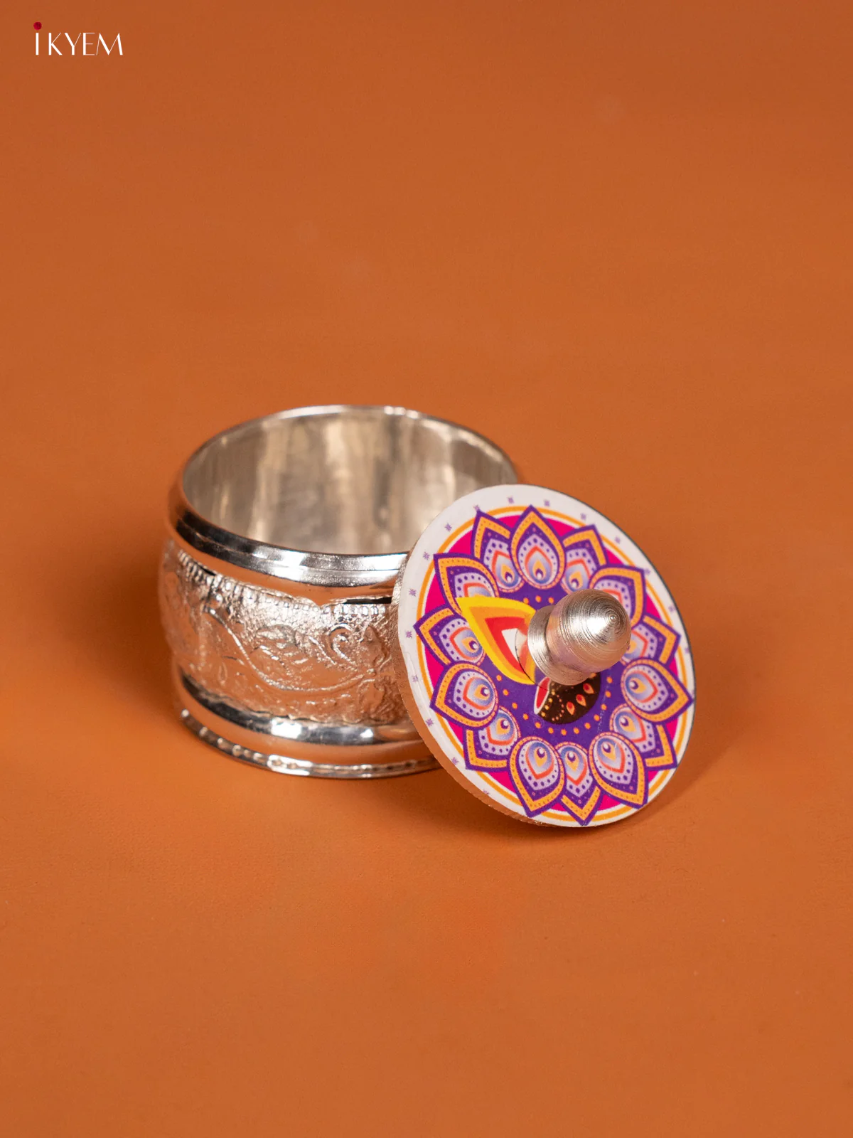 Elegant Rangoli Designed Kumkum Holder in German Silver - KF10240 - Image 3
