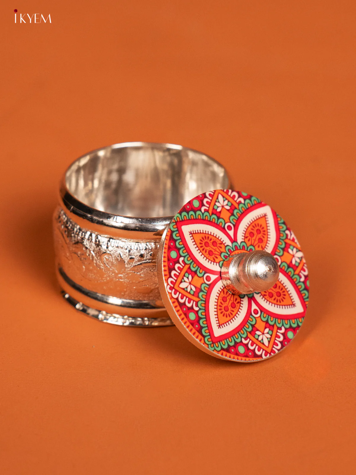 Rangoli Designed German Silver Kumkum Holder - KF10241 - Image 3