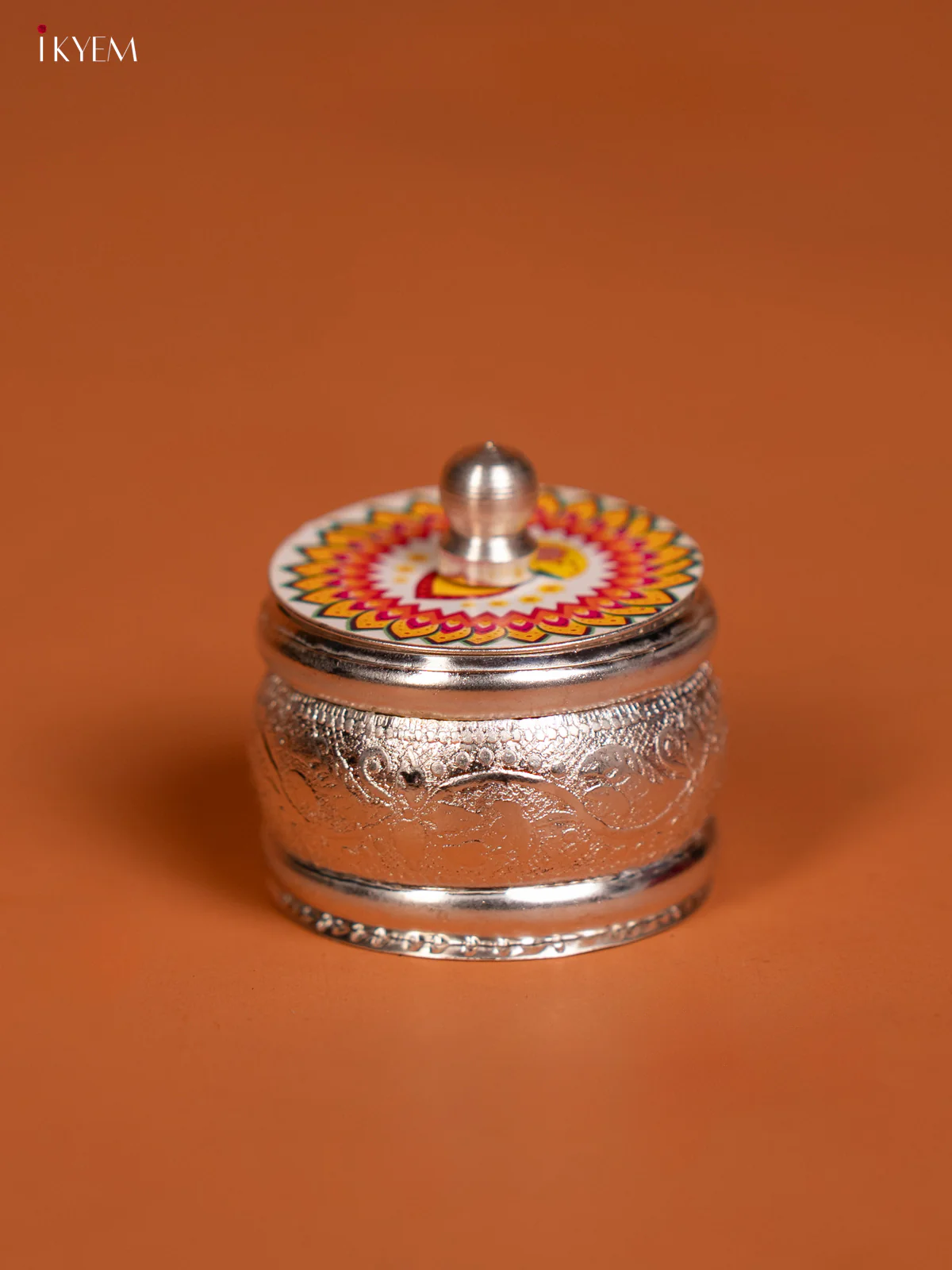 German Silver Kumkum Holder with Intricate Rangoli Design - KF10242