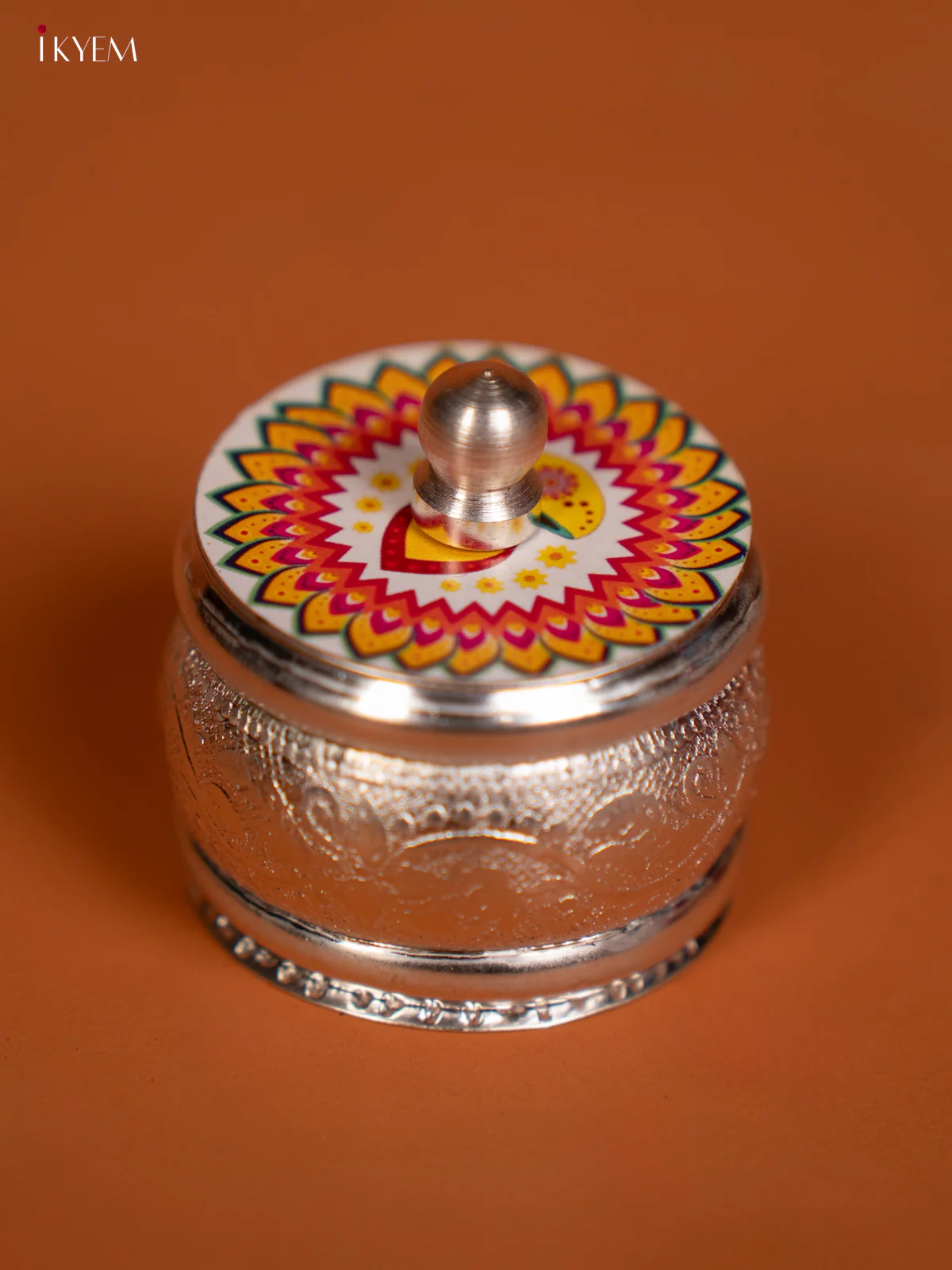 German Silver Kumkum Holder with Intricate Rangoli Design - KF10242 - Image 2