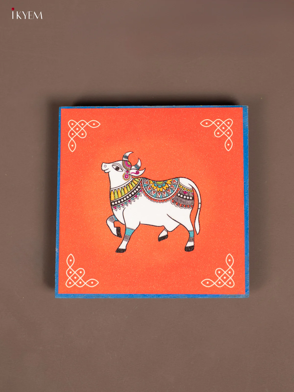 Red Pichwai Cow & kolam Printed Wooden Manai With Blue Border - KE29151