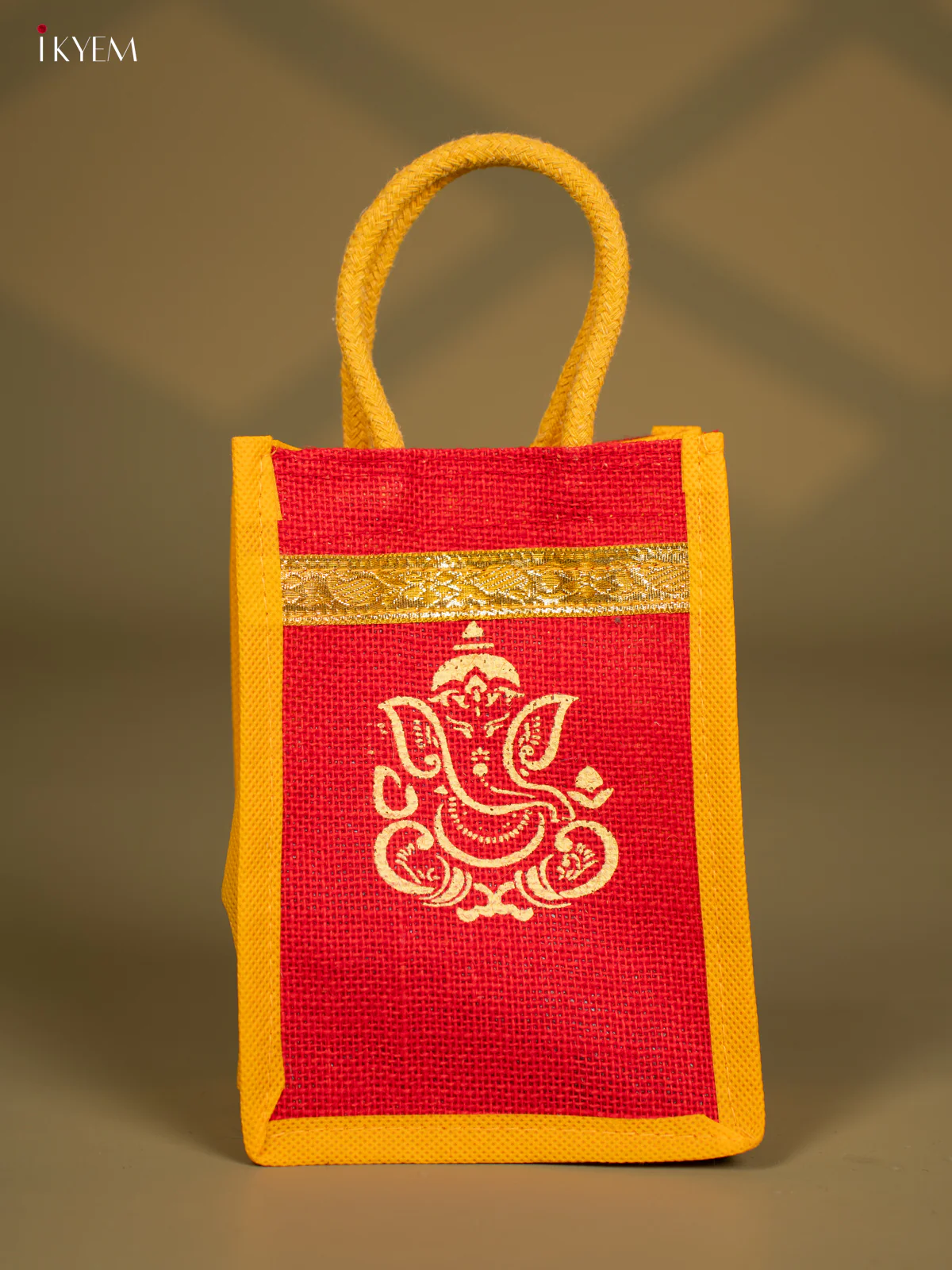 Divine God Ganesha Printed Red & Yellow Jute Bags - KG04181