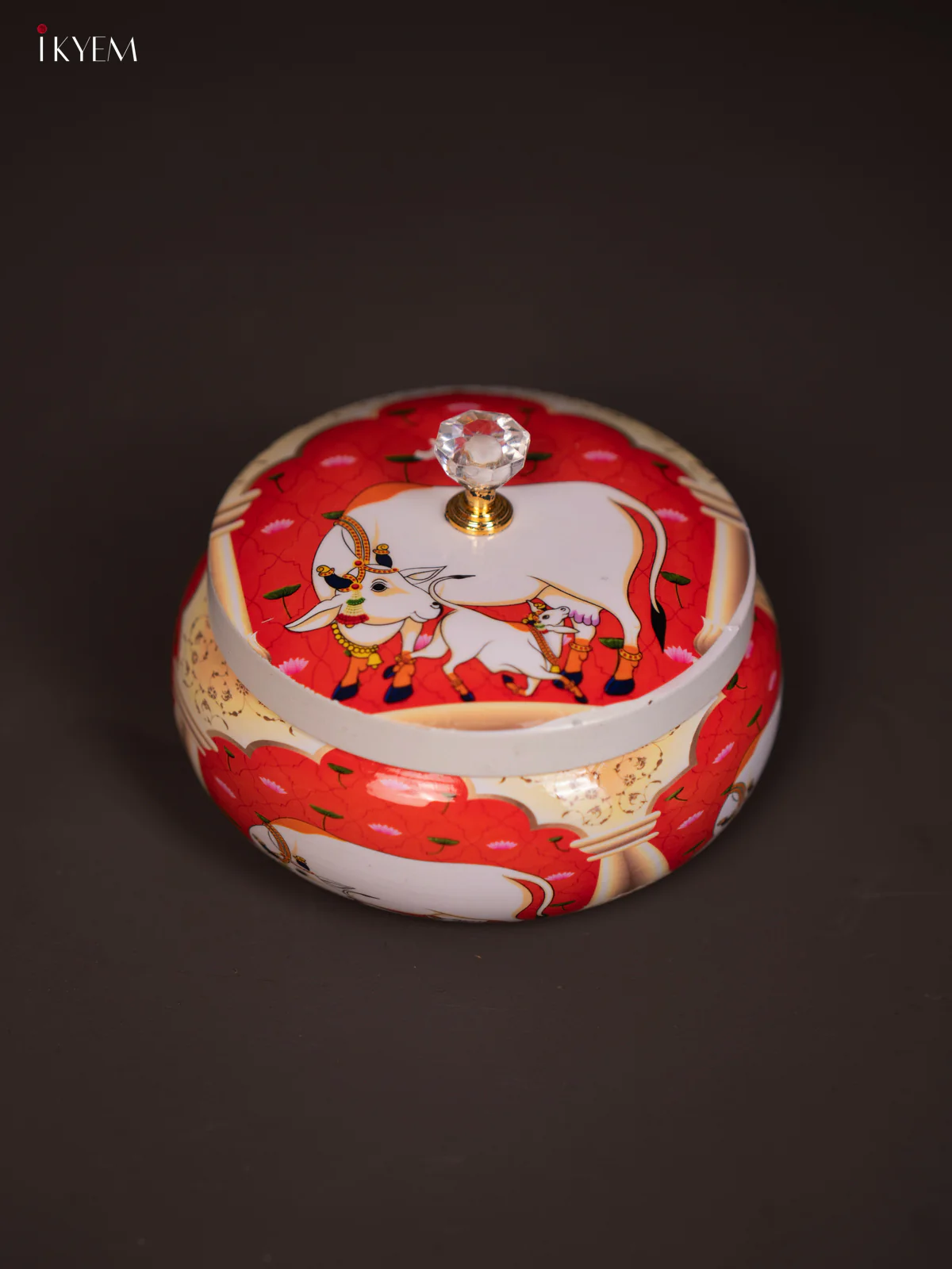 Elegant Cow & Calf Printed Red Round Dry Fruits Box - KG25112