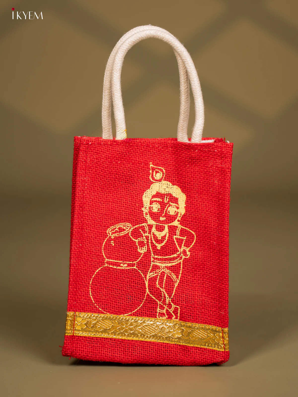 Cute Krishna Printed Red Jute Bags - 8 Inch - KG08118