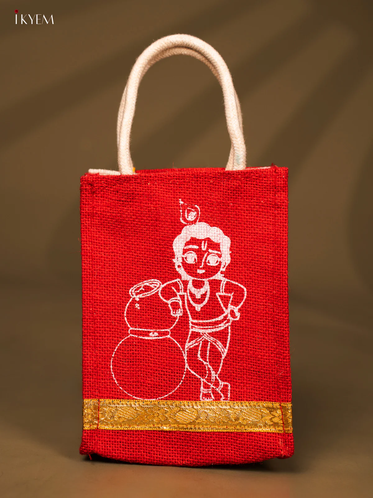 Cute Krishna Printed Red Jute Bag - 8 Inch - KG08122