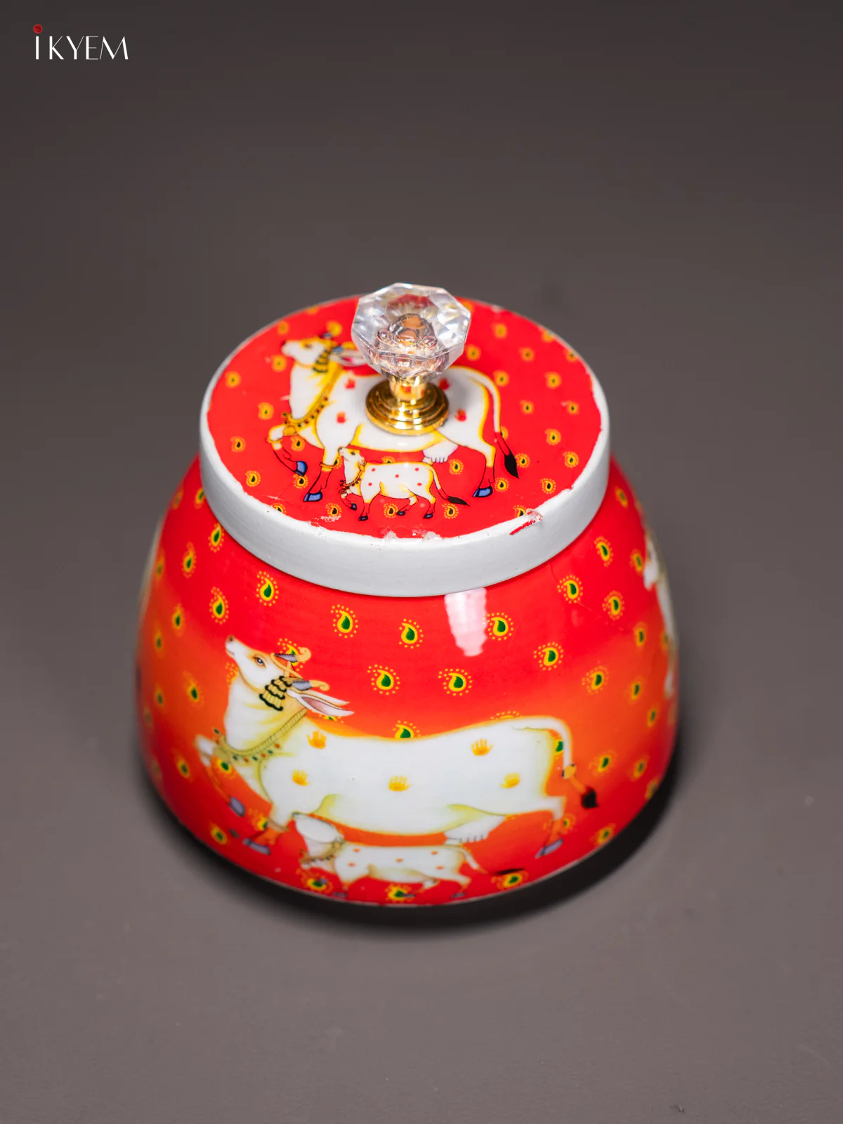 Charming Pichwai Cow & Calf Printed Red Dry Fruit Jar with Lid - KI15116