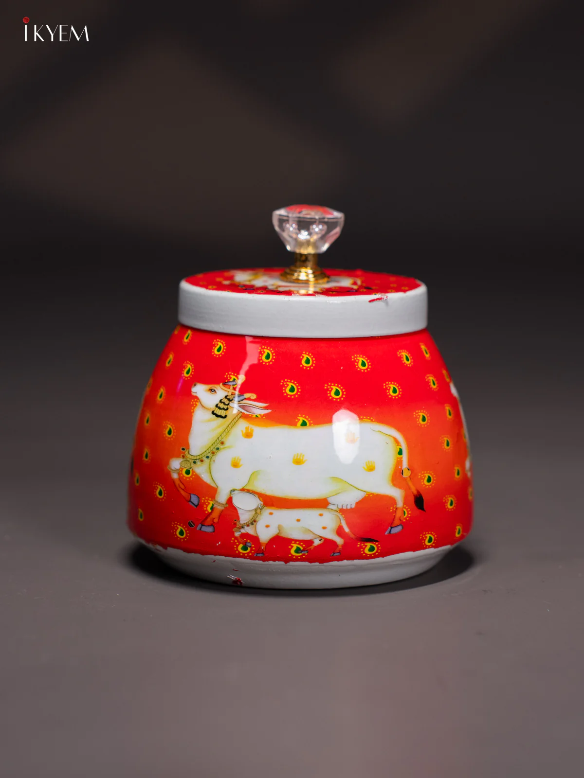 Charming Pichwai Cow & Calf Printed Red Dry Fruit Jar with Lid - KI15116 - Image 2