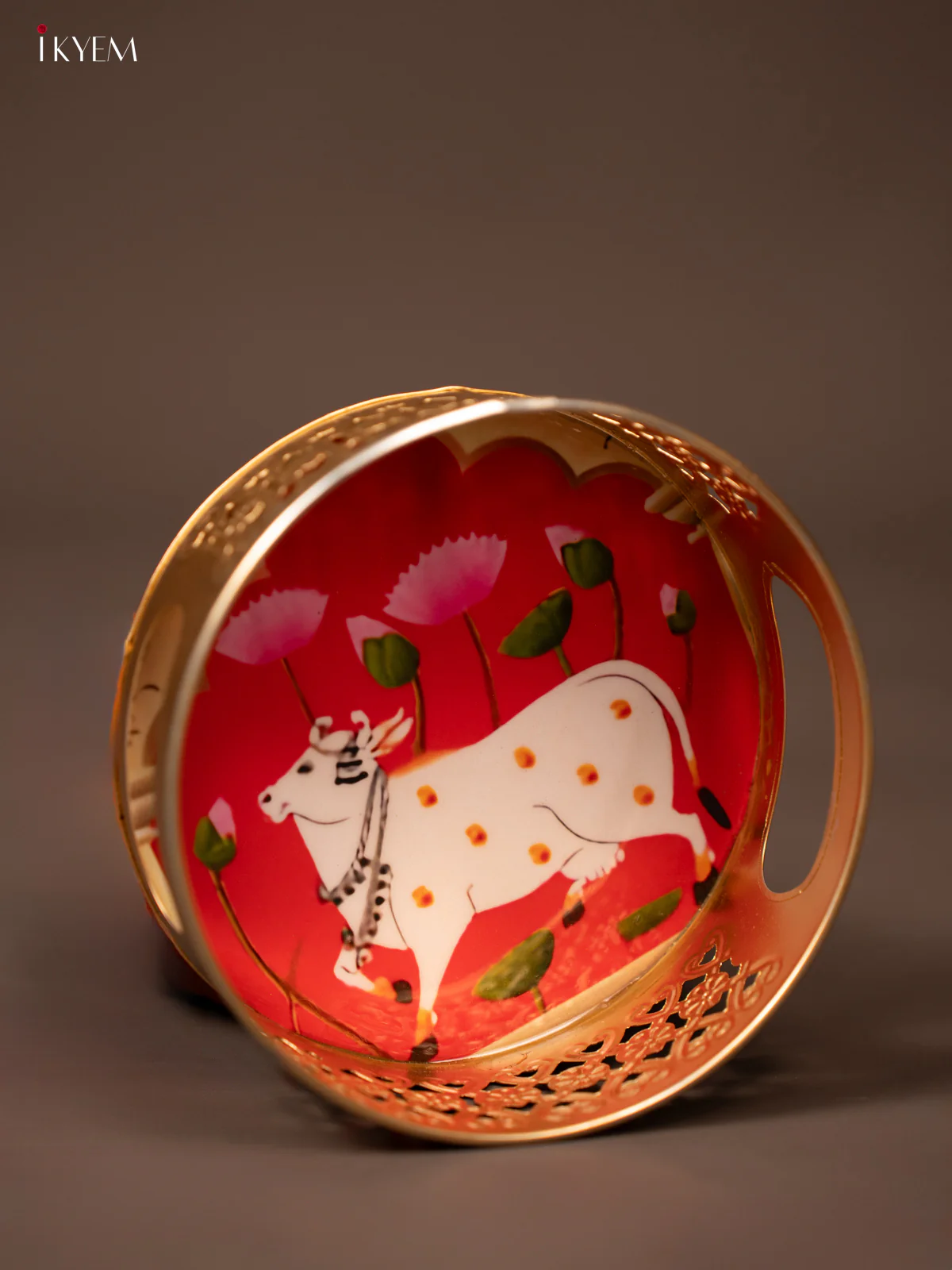 Red Pichwai Printed Round Metal Tray With Cow & Flowers - KF19125 - Image 3
