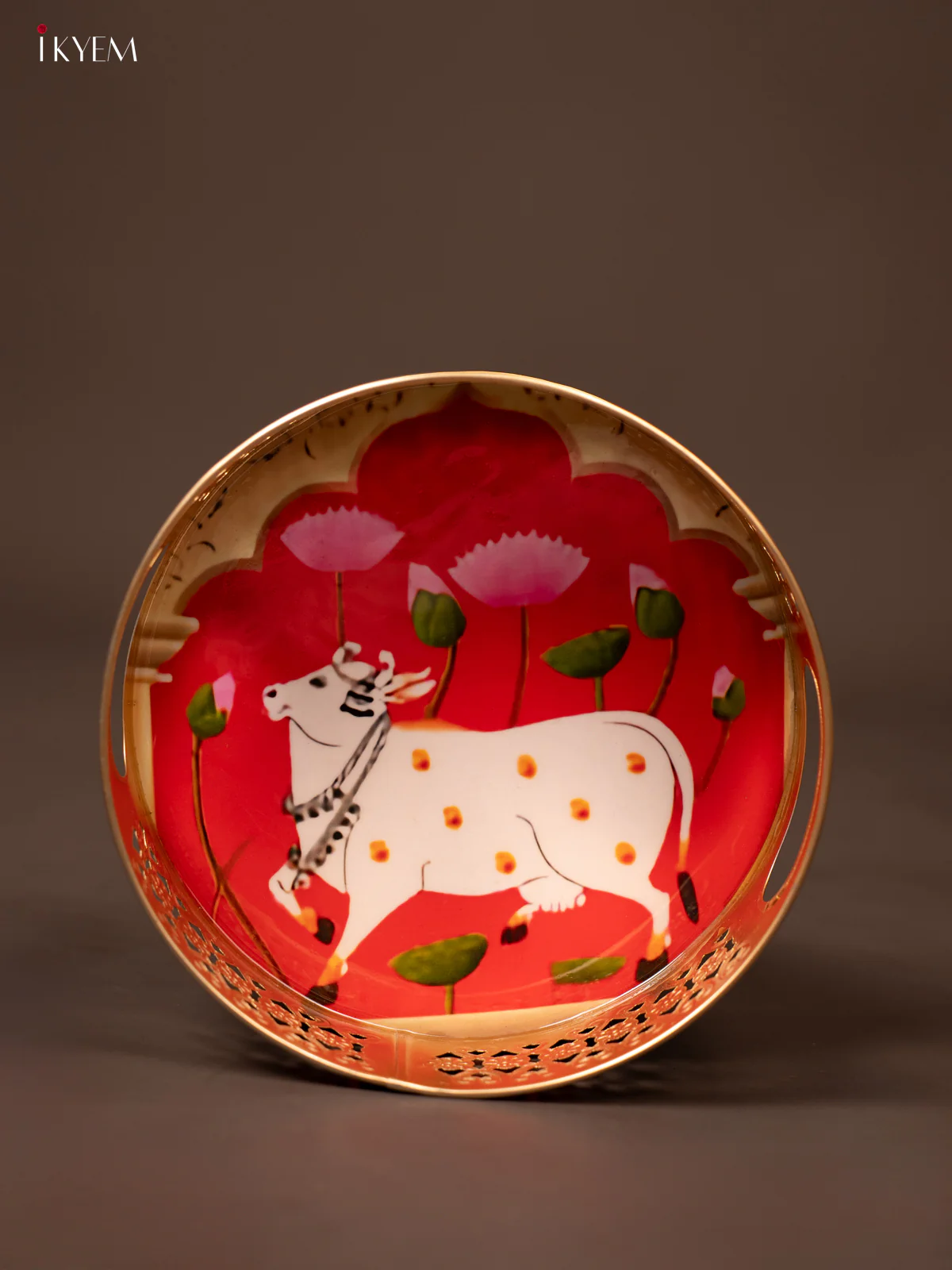 Red Pichwai Printed Round Metal Tray With Cow & Flowers - KF19135