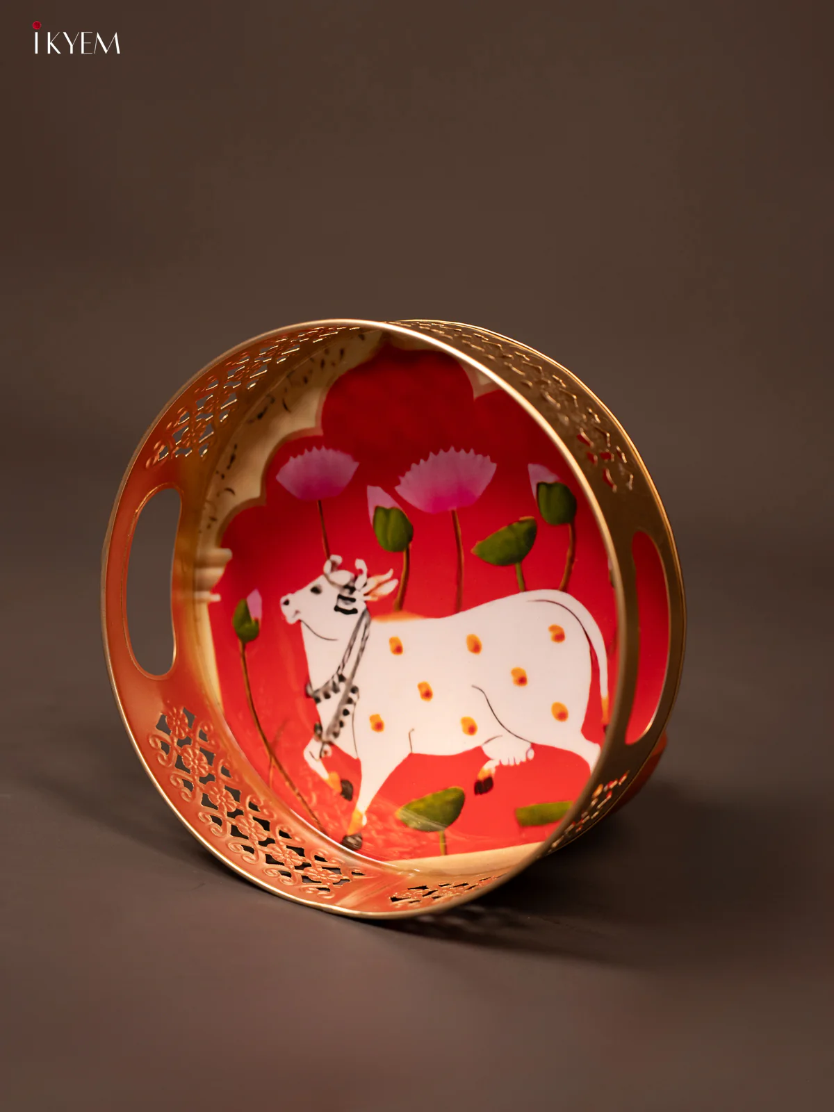 Red Pichwai Printed Round Metal Tray With Cow & Flowers - KF19135 - Image 2