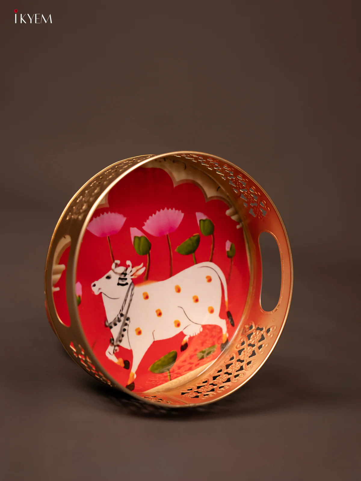 Red Pichwai Printed Round Metal Tray With Cow & Flowers - KF19135 - Image 3
