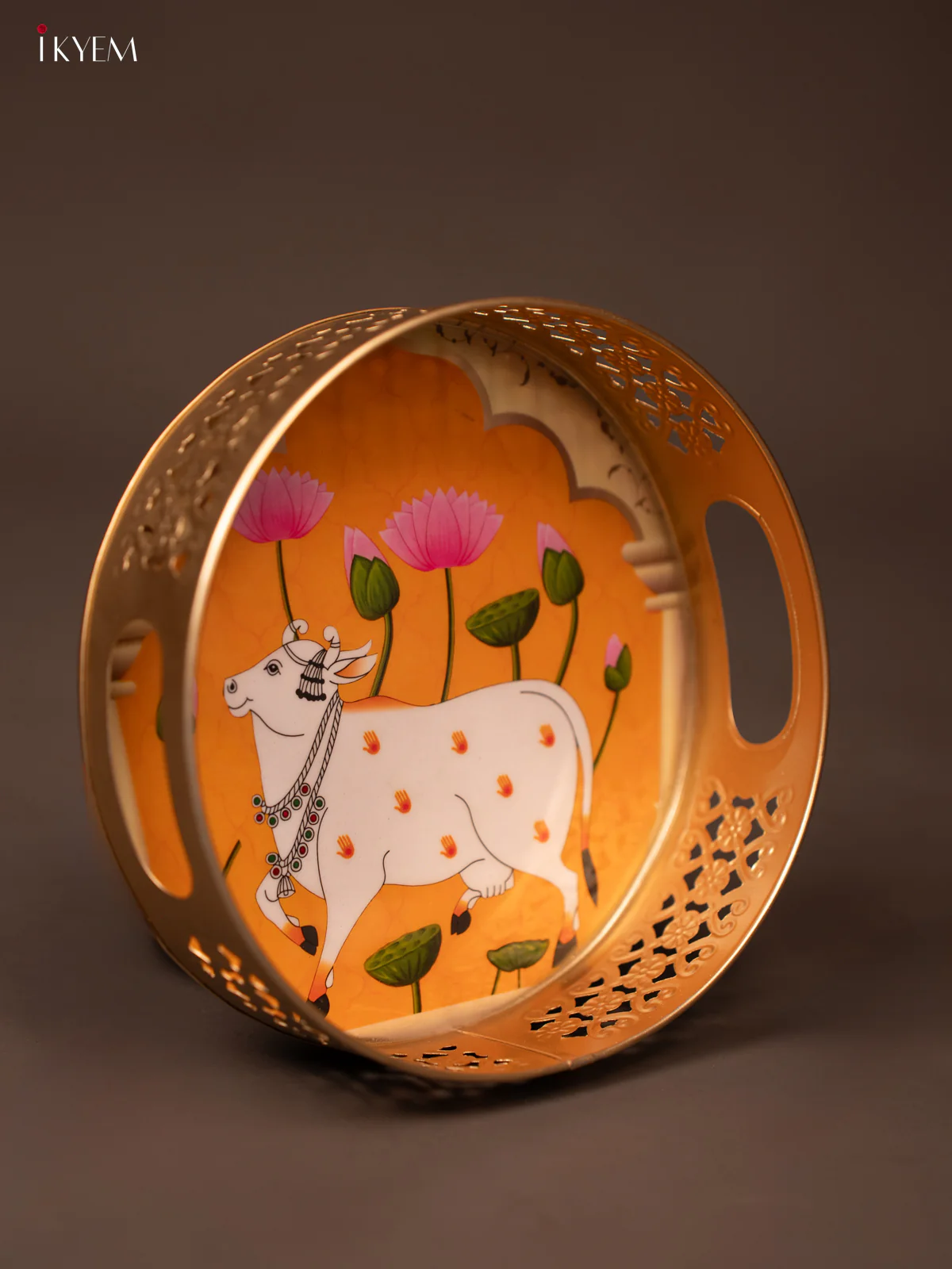 Senthur Yellow Pichwai Printed Metal Tray With Cow & Lotus Print - KF19129 - Image 3