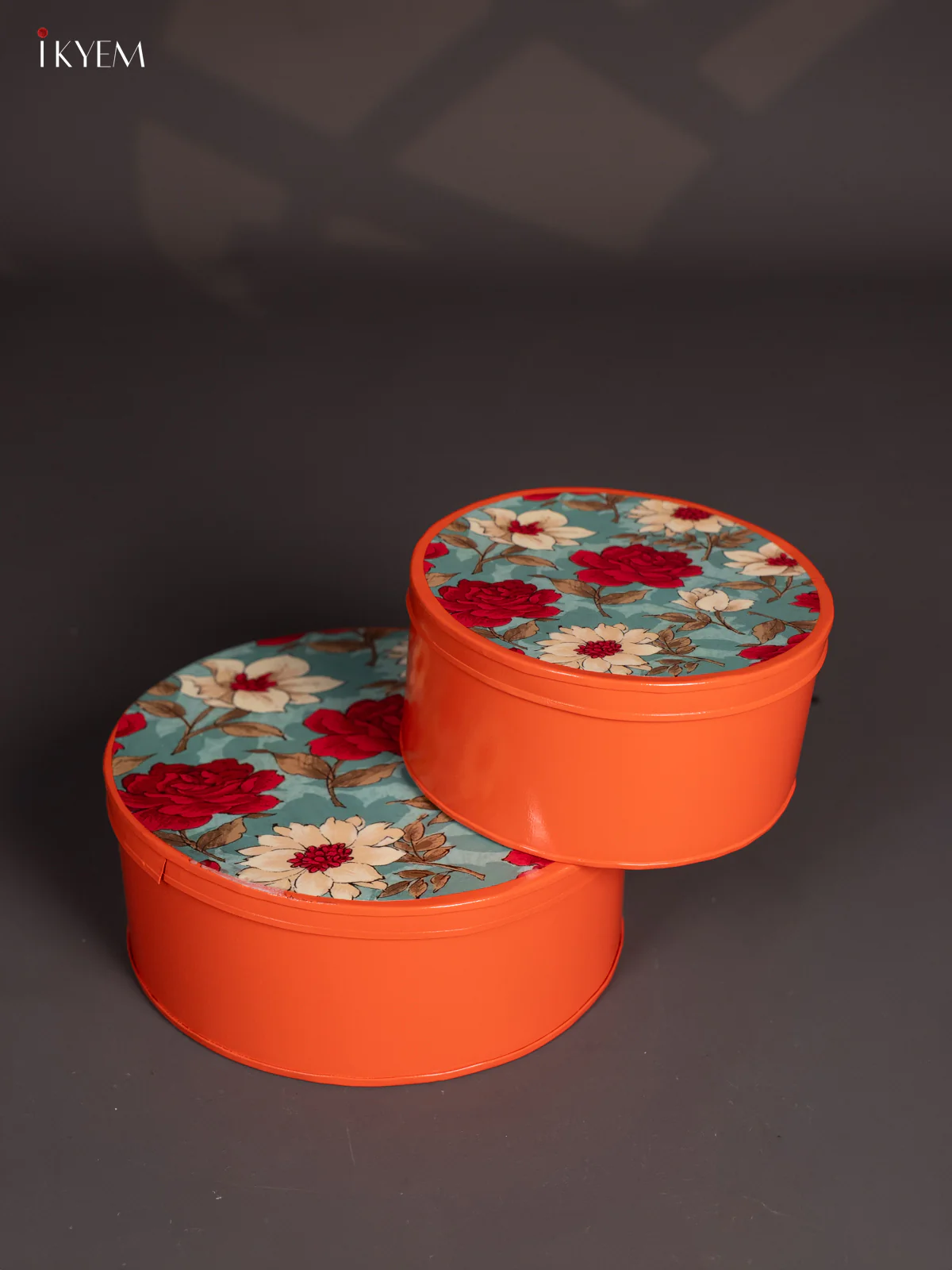 Floral Digital Printed Metal Storage Box Set Of 2 - Orange - (8x8) Inch - KI15143 - Image 2