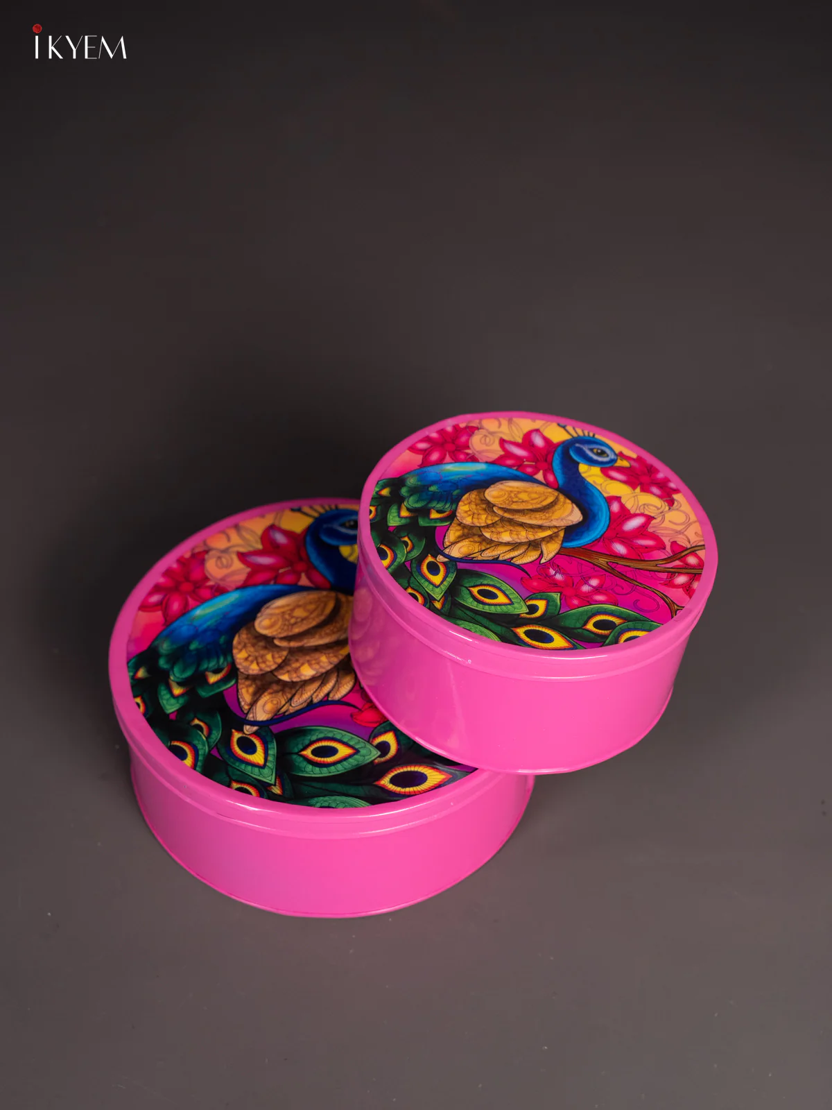 Set Of 2 Peacock Printed Pink Storage Boxes - (8x8) Inches - KI15139 - Image 2