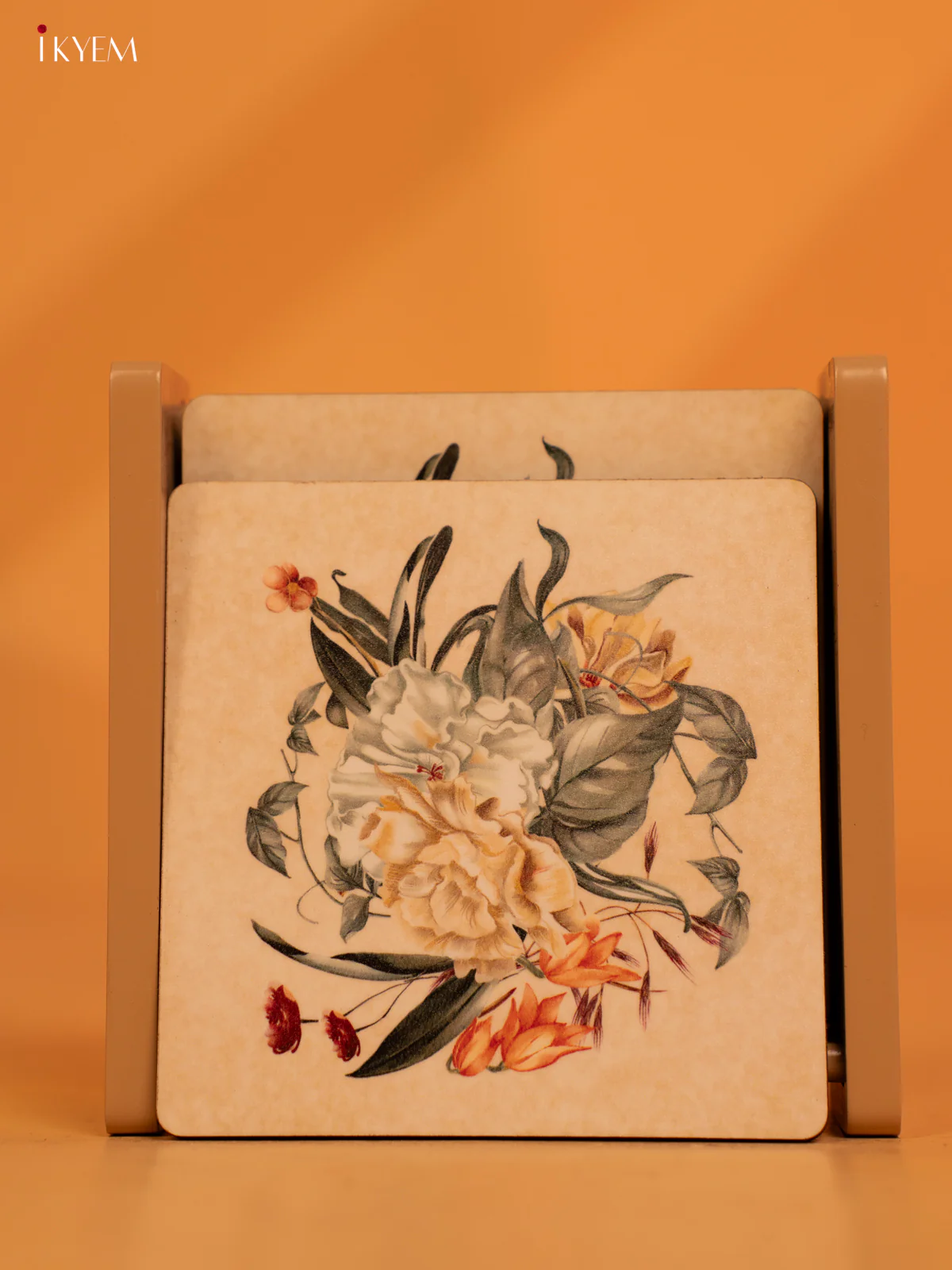 Floral Print Wooden Coaster Set of 6 - 4 Inch - KL18130