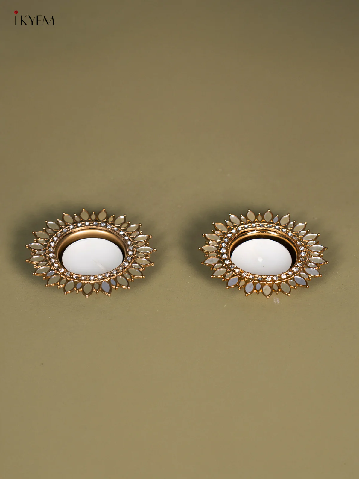 Set of 2 Flower shaped T Light Candle Holder with Mirror work - KI14125