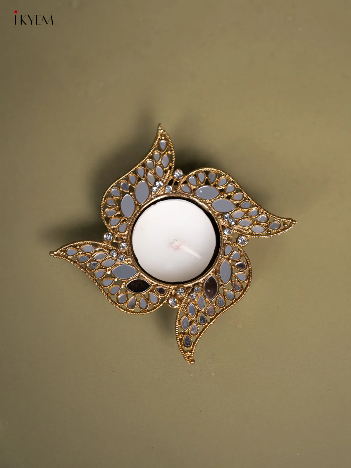 Set of 2 Swastik shaped T Light Candle Holder with Mirror work - KI14126 - Image 3