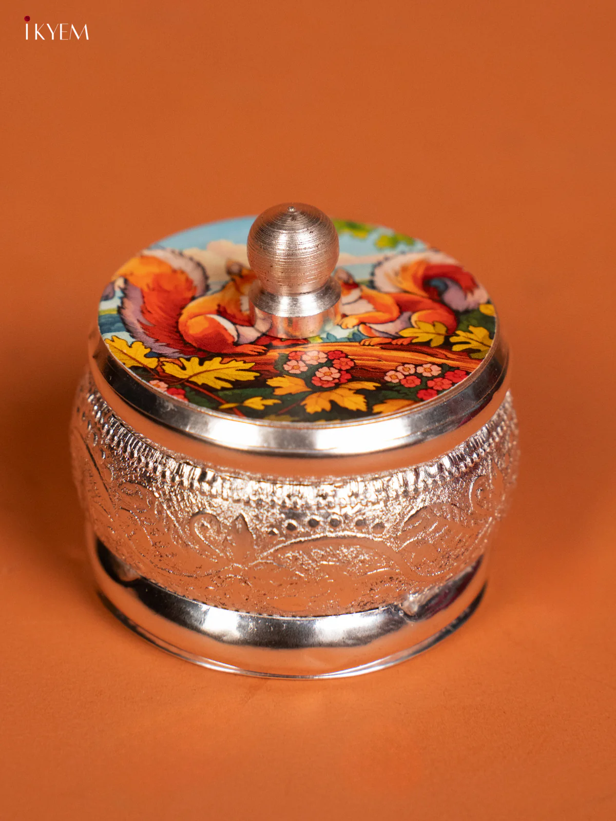 Squirrel Designed German Silver Kumkum Holder - KF10245 - Image 2