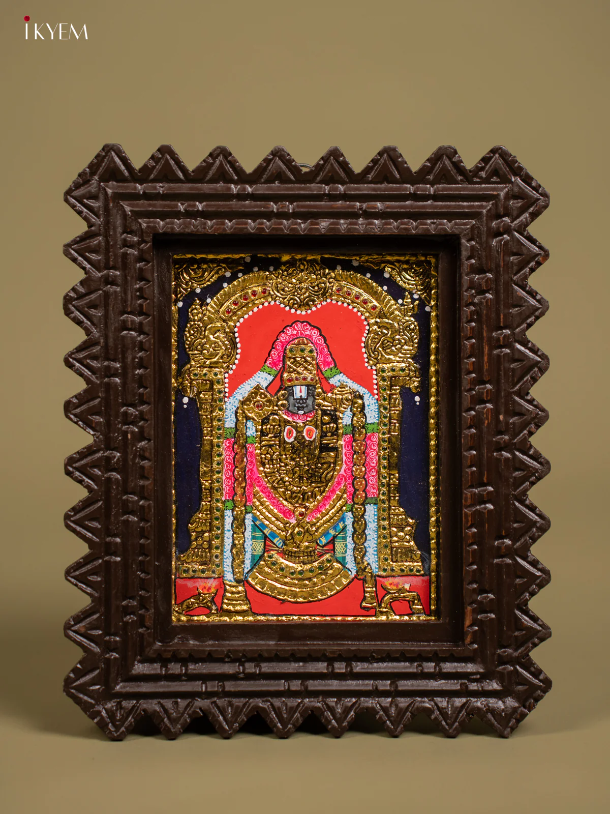 Divine Lord Balaji Tanjore Painting in Chettinad styled Teakwood Frame - KF26127