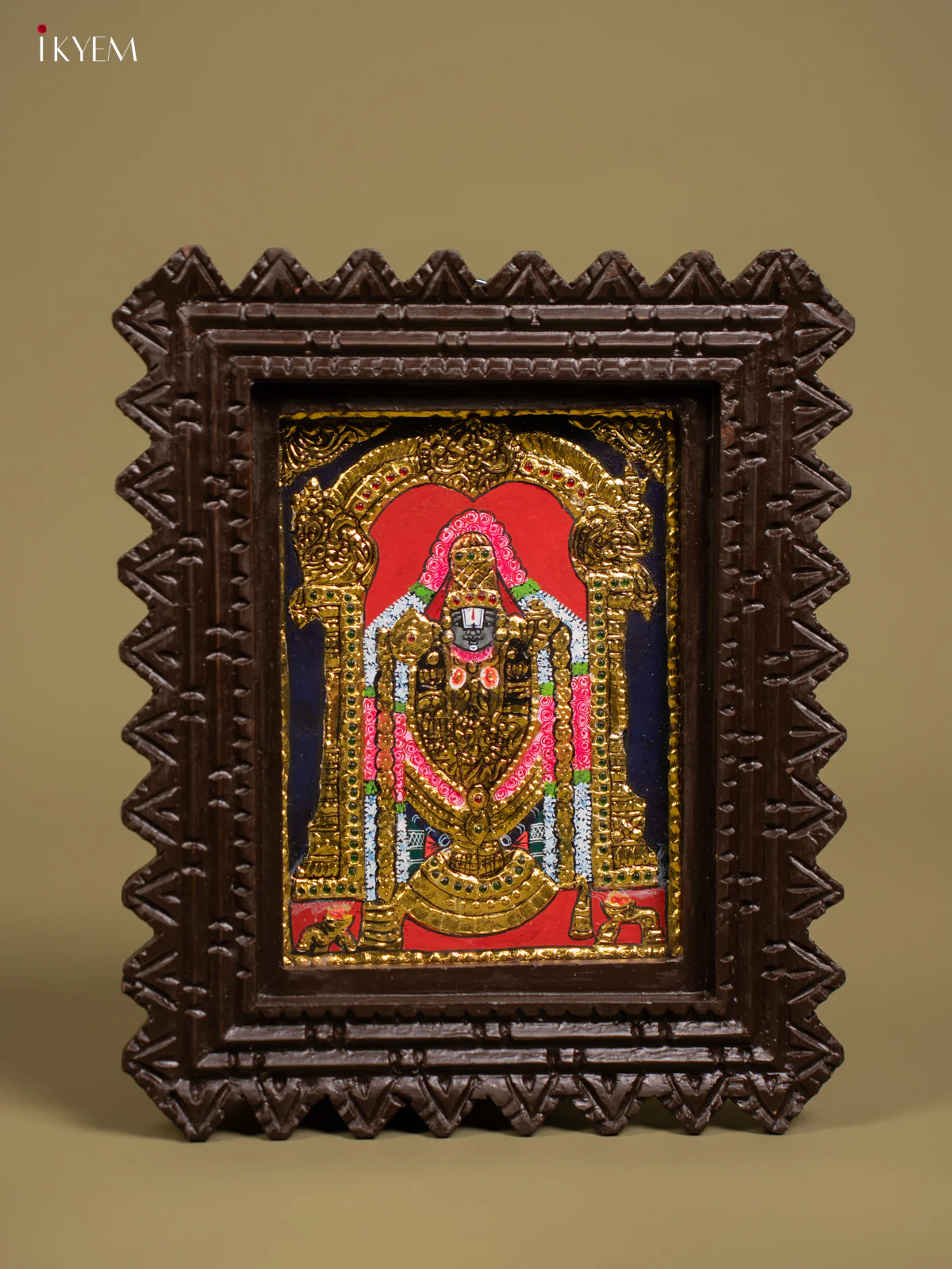 Majestic Lord Balaji Tanjore Painting in Chettinad styled Teakwood Frame - KF26129