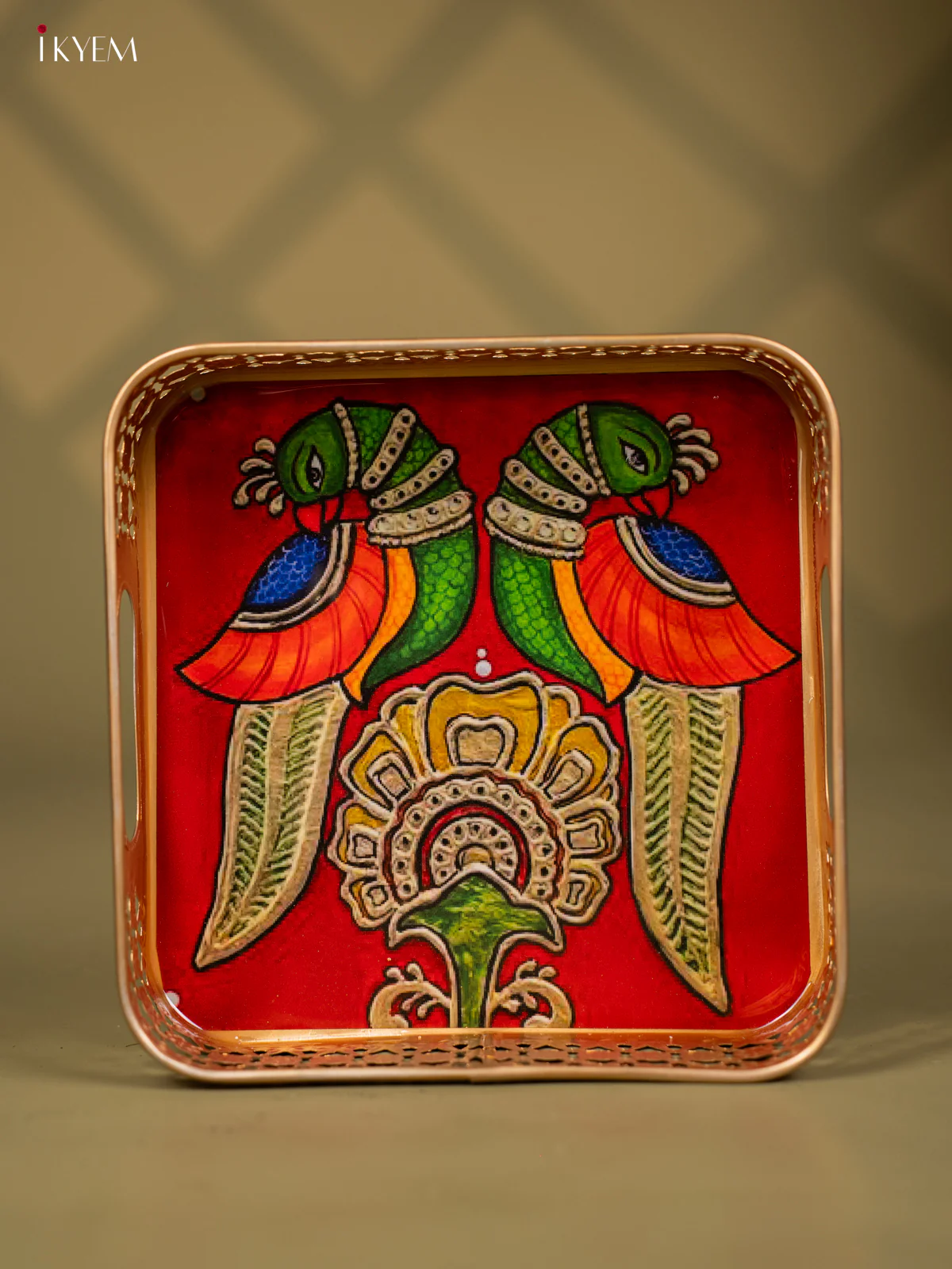 Twin Parrots & Flower Printed Square Metal Tray -  KF24199