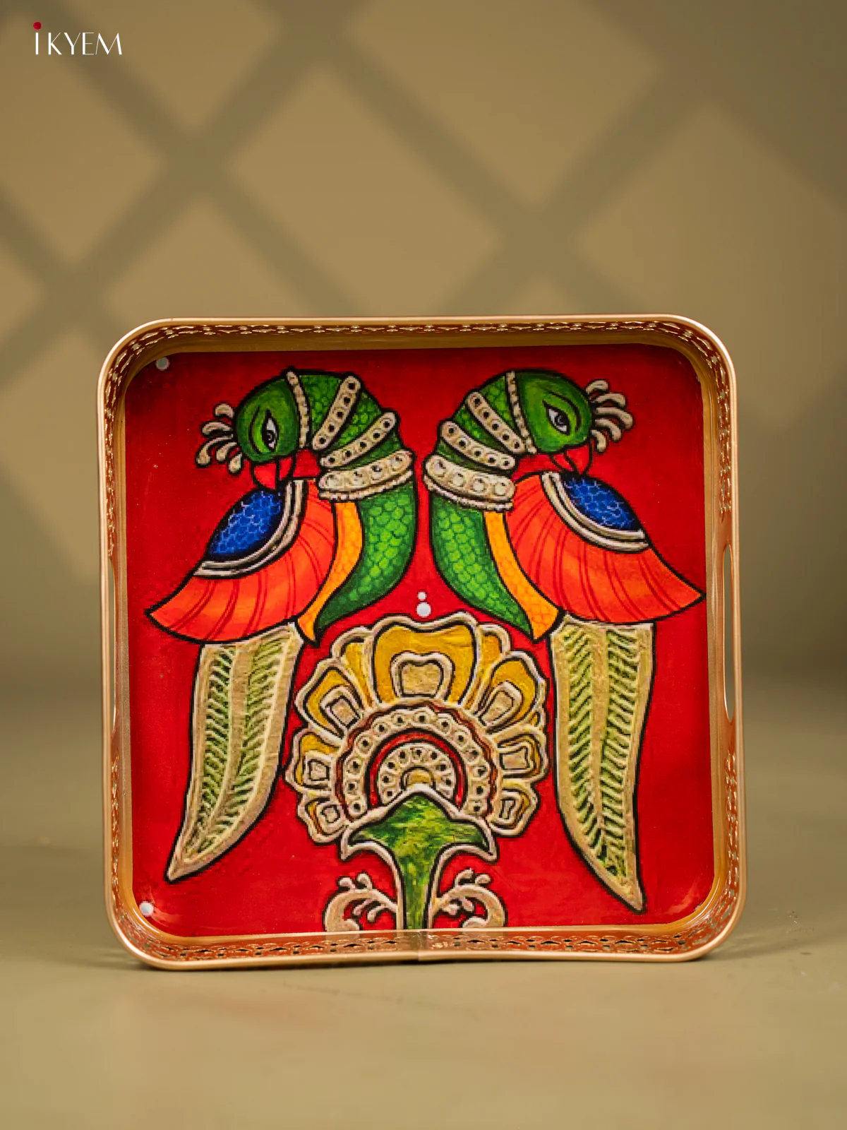 Twin Parrots & Flower Printed Square Metal Tray - KF25140