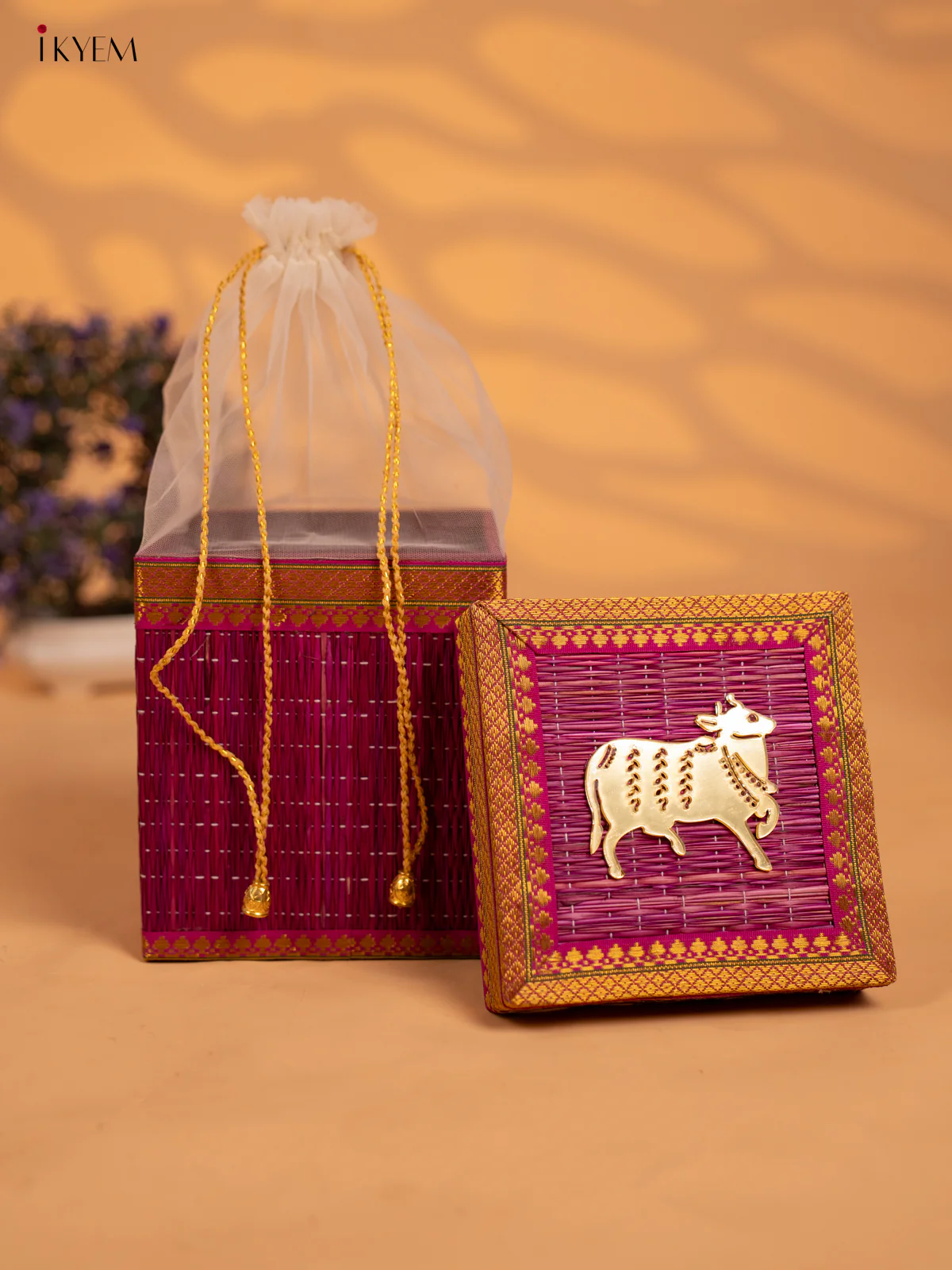Violet Korai Gift Box with Net Potli & Cow Motif - KB17151 - Image 2