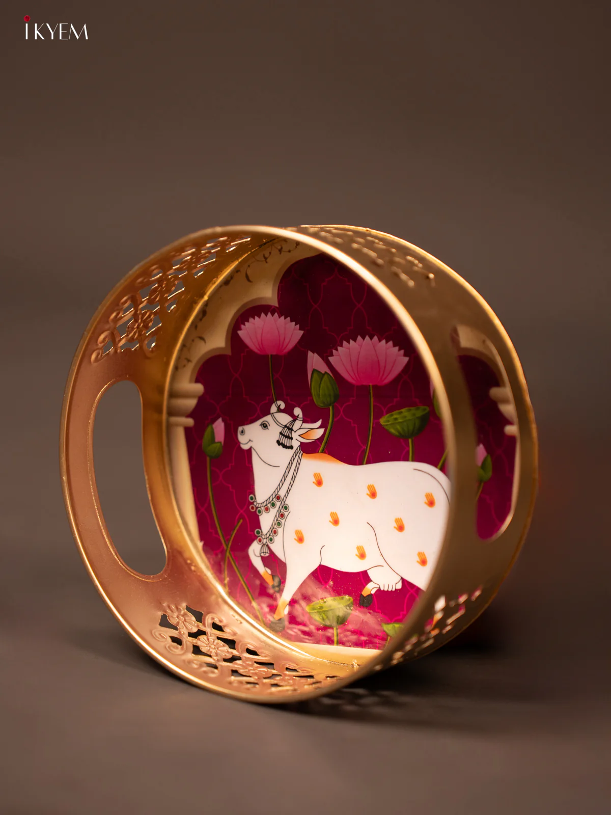 Violet Pichwai Printed Round Metal Tray With Cow & Flowers - KF19126 - Image 2