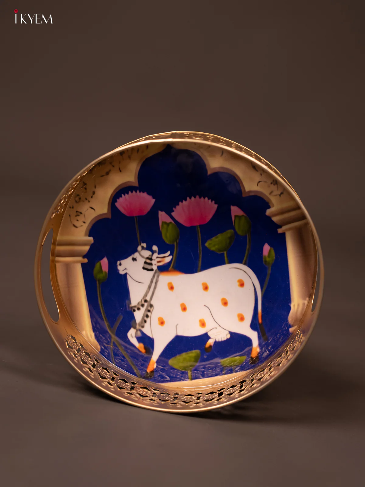 Violet Pichwai Printed Round Metal Tray With Cow & Flowers - KF19136
