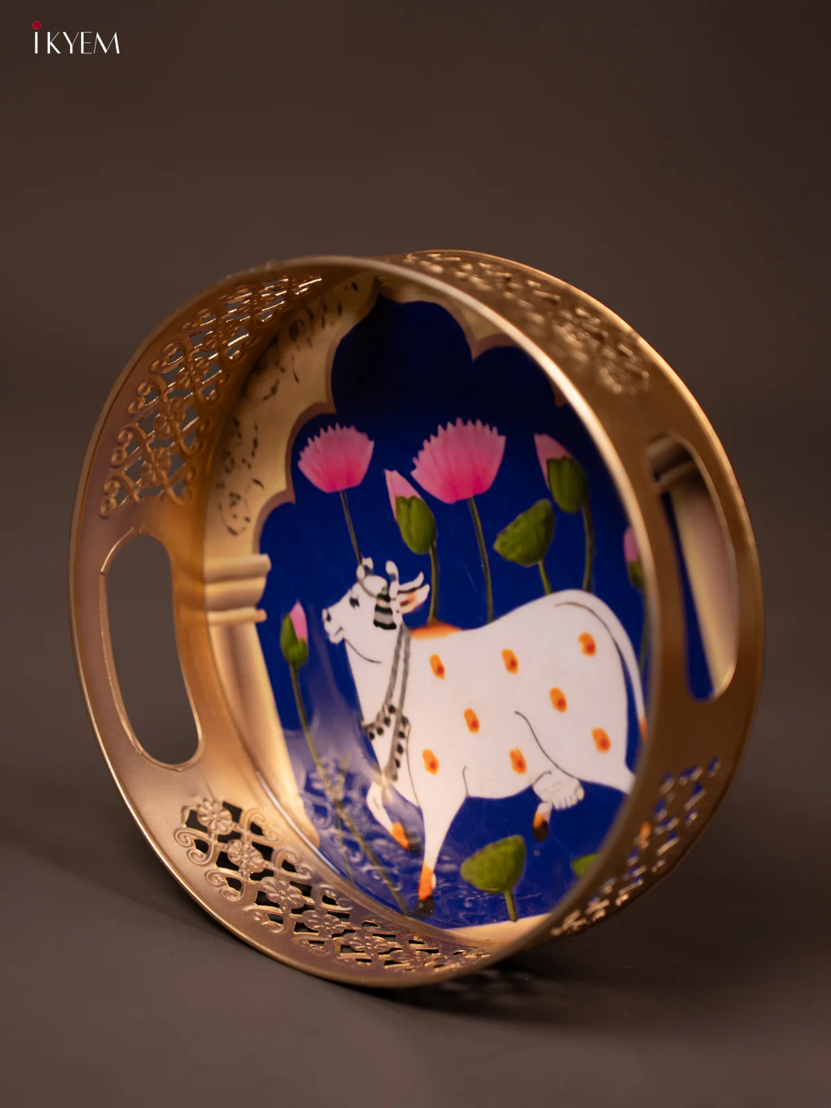 Violet Pichwai Printed Round Metal Tray With Cow & Flowers - KF19136 - Image 2