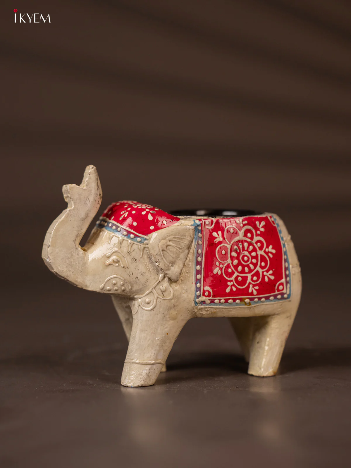Classic White & Red Hand Painted Wooden Elephant Shaped Candle Holder - KH02114