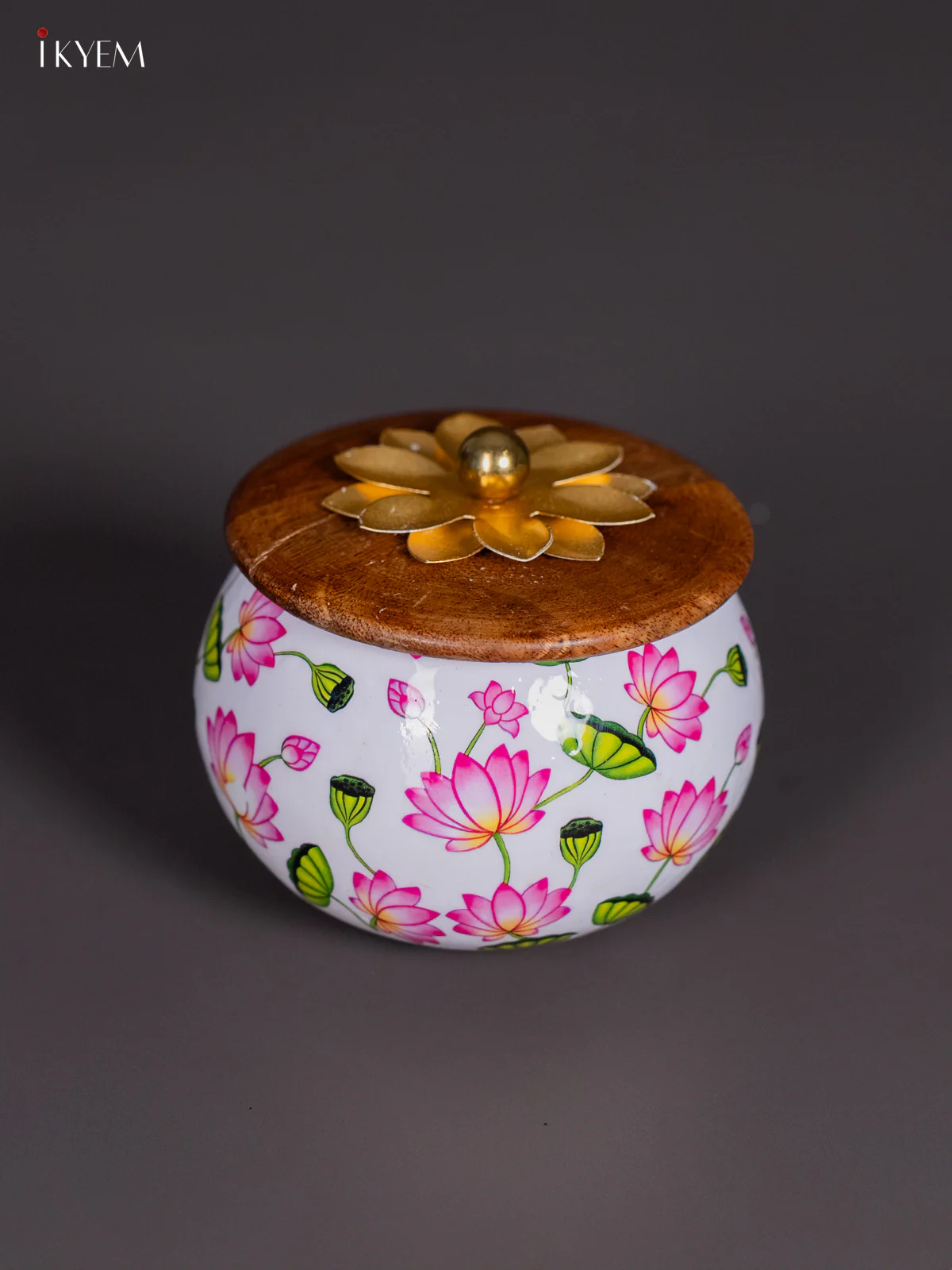Exquisite Lotus Printed White Dry Fruits Jar With Wooden Lid - (3 Inches) - KI26115