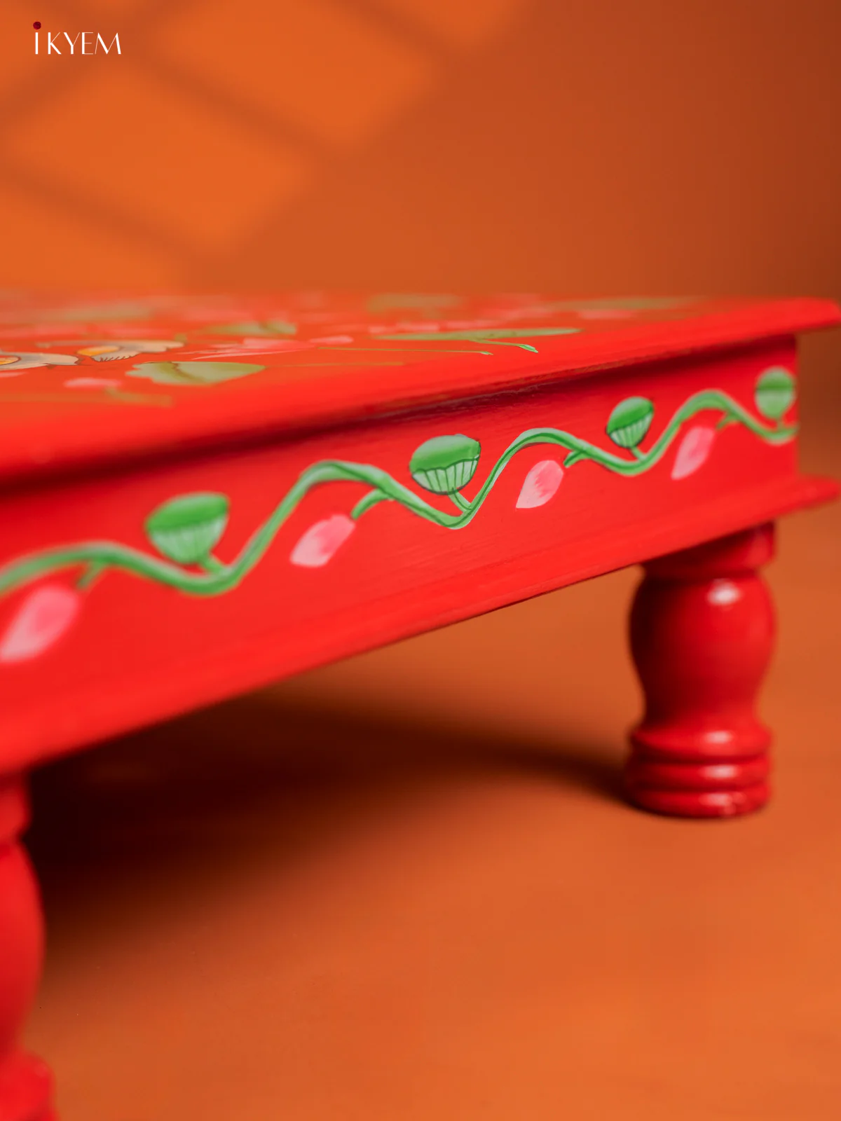 Wooden Hand painted Chowki - Floral Red - KF16115 - Image 4