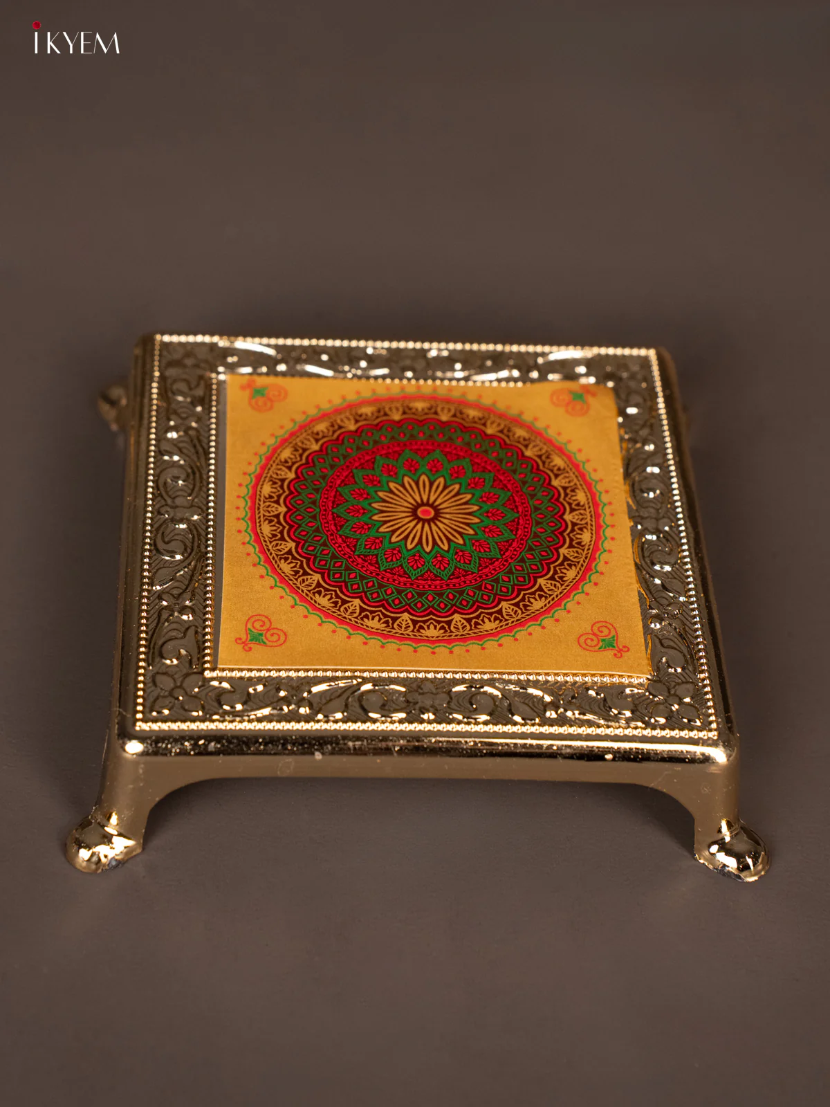 Grand yellow with Green Plastic manai With Rangoli Design - KG25222