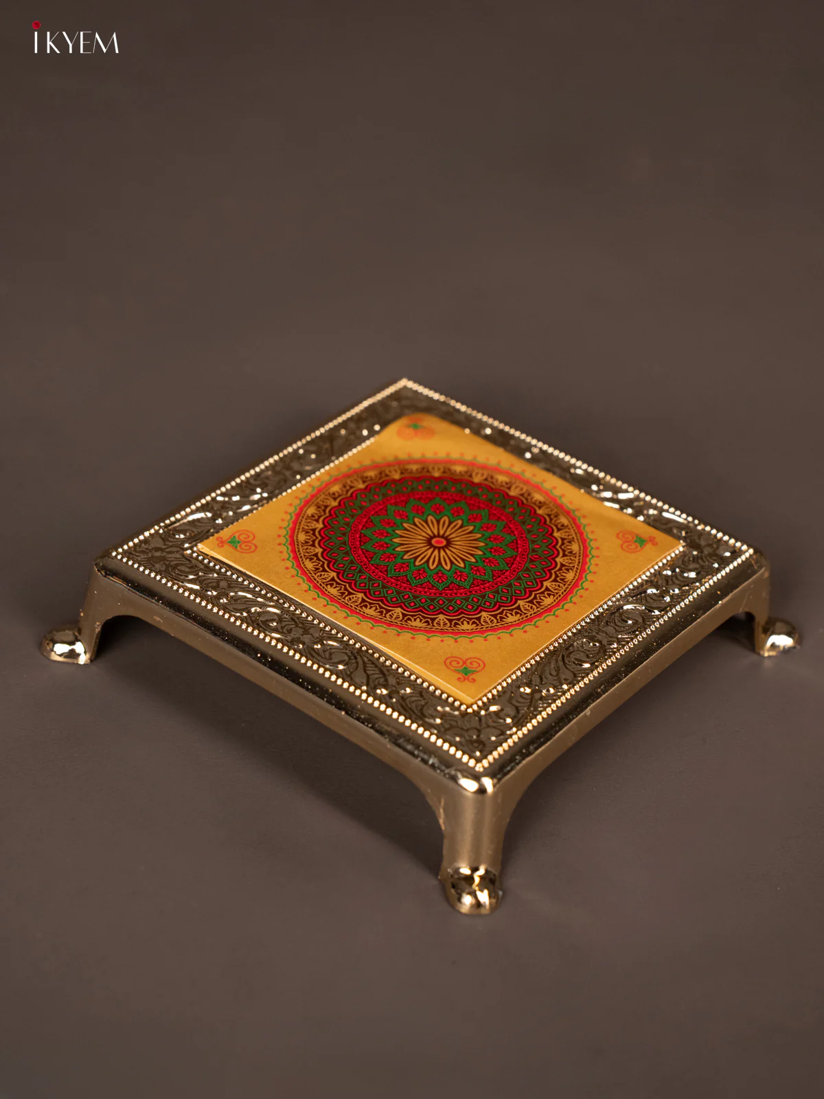 Grand yellow with Green Plastic manai With Rangoli Design - KG25222 - Image 2